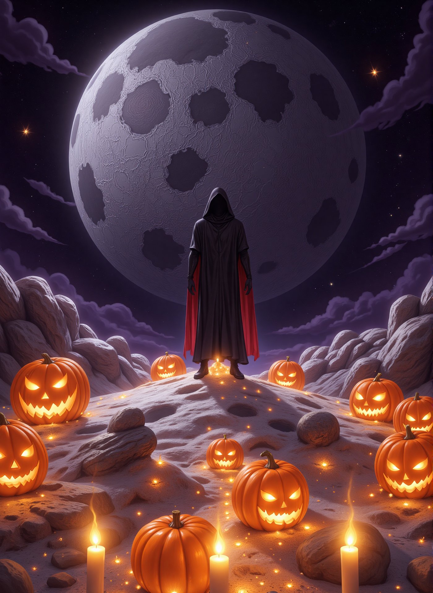 In the haunting ambiance of Halloween 2024, a solitary figure stands confidently upon a vast, shimmering moon. The moon is an ethereal spectacle, its surface a patchwork of silvery craters and shadowy valleys that glisten like diamonds under the glow of the eerie, otherworldly light. The figure, swathed in a flowing cloak of deep midnight black, has a hood draped low over their face, concealing their identity and adding an air of mystery. Surrounding them, the moon is adorned with the playful decorations of Halloween: glowing jack-o'-lanterns dot the lunar landscape, their flickering candlelight casting dancing shadows that ripple across the terrain. Wisps of gossamer cobwebs cling to the surface, catching the light and creating a ghostly shimmering effect. Above, the sky is a swirling canvas of dark purples and deep oranges, dotted with twinkling stars that seem to wink knowingly at the scene below. A chilling breeze whistles past, carrying faint sounds of rustling leaves and distant laughter, as if the spirits of Halloween revelers are frolicking just out of sight. The atmosphere is charged with anticipation—a blend of excitement and unease—as the figure stands poised on the edge of the moon, surveying the surreal and ghostly landscape that embodies the spirit of the night,V