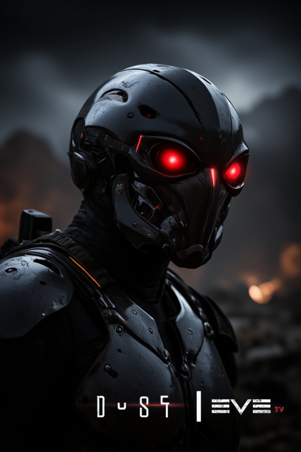 FuturisticWarrior style,, The image is a digital art piece that appears to be a futuristic or sci-fi scene. It shows a close-up of a gallente assault's head and upper body, with a metallic armor-like appearance. The gallente assault's face is covered in red eyes, giving it a futuristic and ominous look. The background is a dark, cloudy sky with a hint of smoke or dust. The overall mood of the image is dark and ominous. The word "DUST" is written in white text on the bottom right corner, with the word "EVE" in a larger font size than the rest of the text.