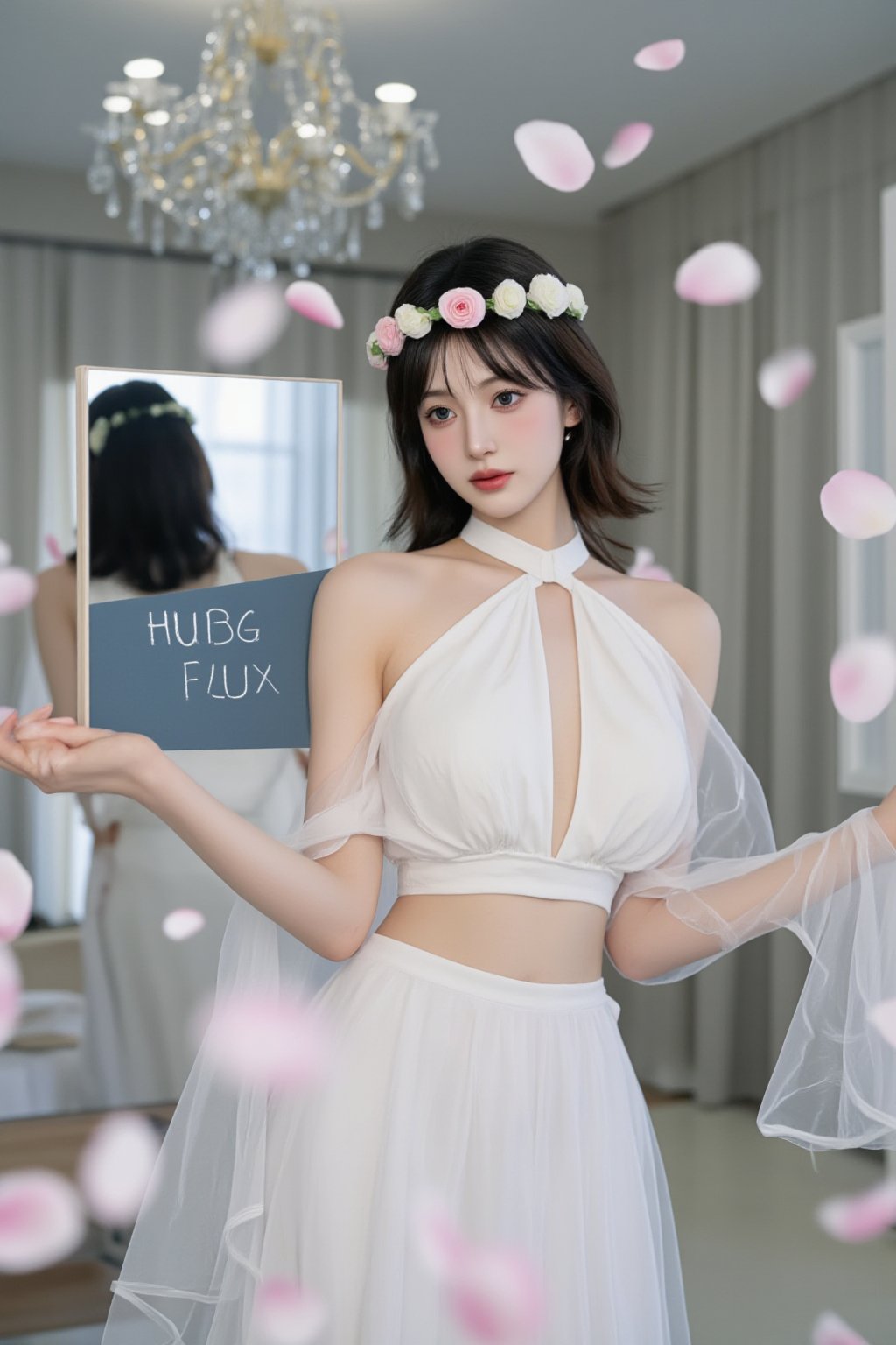 A Wong Kar Wai style movie masterpiece. A young woman Holding up a sign that says, "HUBG FLUX." wearing a flower wreath stands confidently in front of a mirror, She dons a flowing white wedding dress with halter neckline and deep V-neckline, its sheer fabric catching the soft light. Her dark hair, styled in a bob with bangs, frames her serious expression as she meets the camera's gaze. The room behind her is blurred, but a chandelier hangs from the ceiling, adding to the elegant and romantic ambiance.Her petite figure is framed in the floating petals. The wide-angle lens captures the scene at a color temperature of 3200K, and the quality of the raw photo is breathtaking.