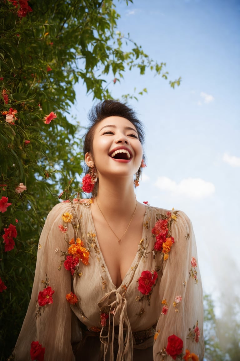 A stunning masterpiece! A breathtakingly beautiful 8K wallpaper featuring a radiant young woman with flawless skin and a perfectly proportioned golden-ratio face. Her parted lips curve into a joyful laugh, her eyes locking onto the viewer with piercing eye contact. She's dressed in a flowing blouse adorned with vibrant flowers, her mohawk styled to perfection. The camera captures her from a dynamic cowboy shot perspective, with edge lighting that accentuates every delicate detail. Volumetric light and ray tracing techniques create an incredibly detailed, high-definition image that seems almost three-dimensional. Every aspect of this masterpiece screams best quality, from the glossy skin to the intricately rendered flowers and blouse styles. It's a true work of art, begging to be printed on high-quality photography film paper