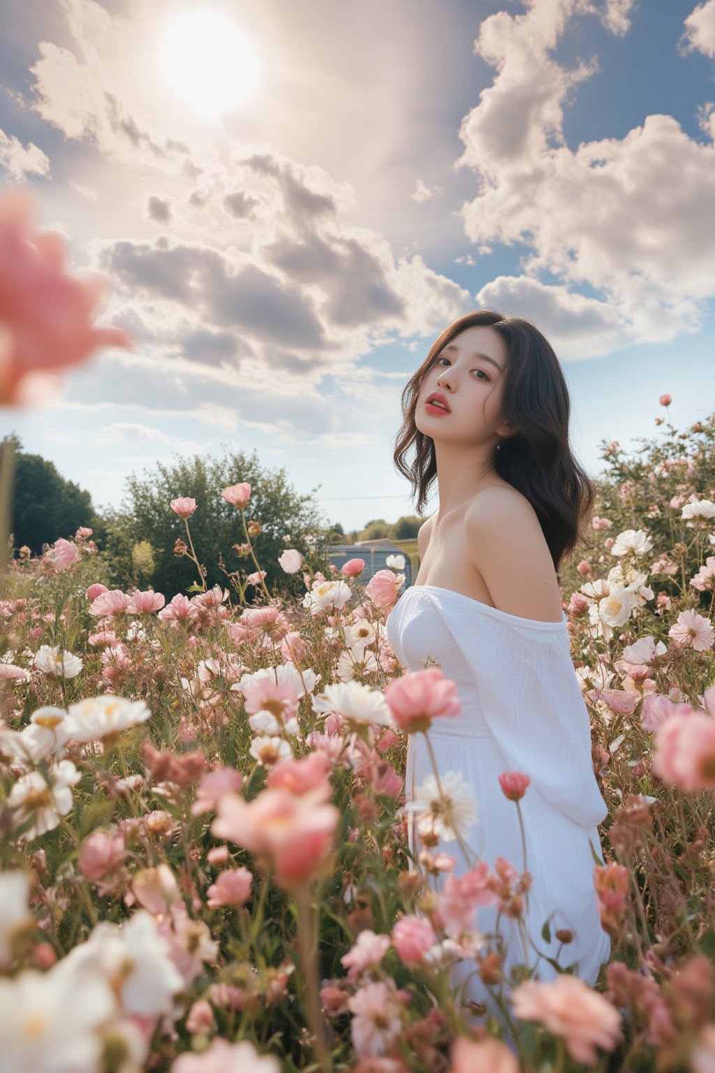 This is a highly detailed digital close-up and tilt shot artwork in a bright fantasy style, intricate tetradic colors in every details, a beautiful 22 years old Chinese girl, looking at viewer, head tilt, leaning forward, A lone girl with wavy black hair, wearing white dress, stands in windy flower field with grass, sun glare, heavenly cloudy sky, (clouds spiral:0.8), a macabre tapestry of clouds reaching towards viewer, falling petals, light cascading from an unseen aperture above. A low camera angle emphasizes the girl's with the overwhelming warm vibes.