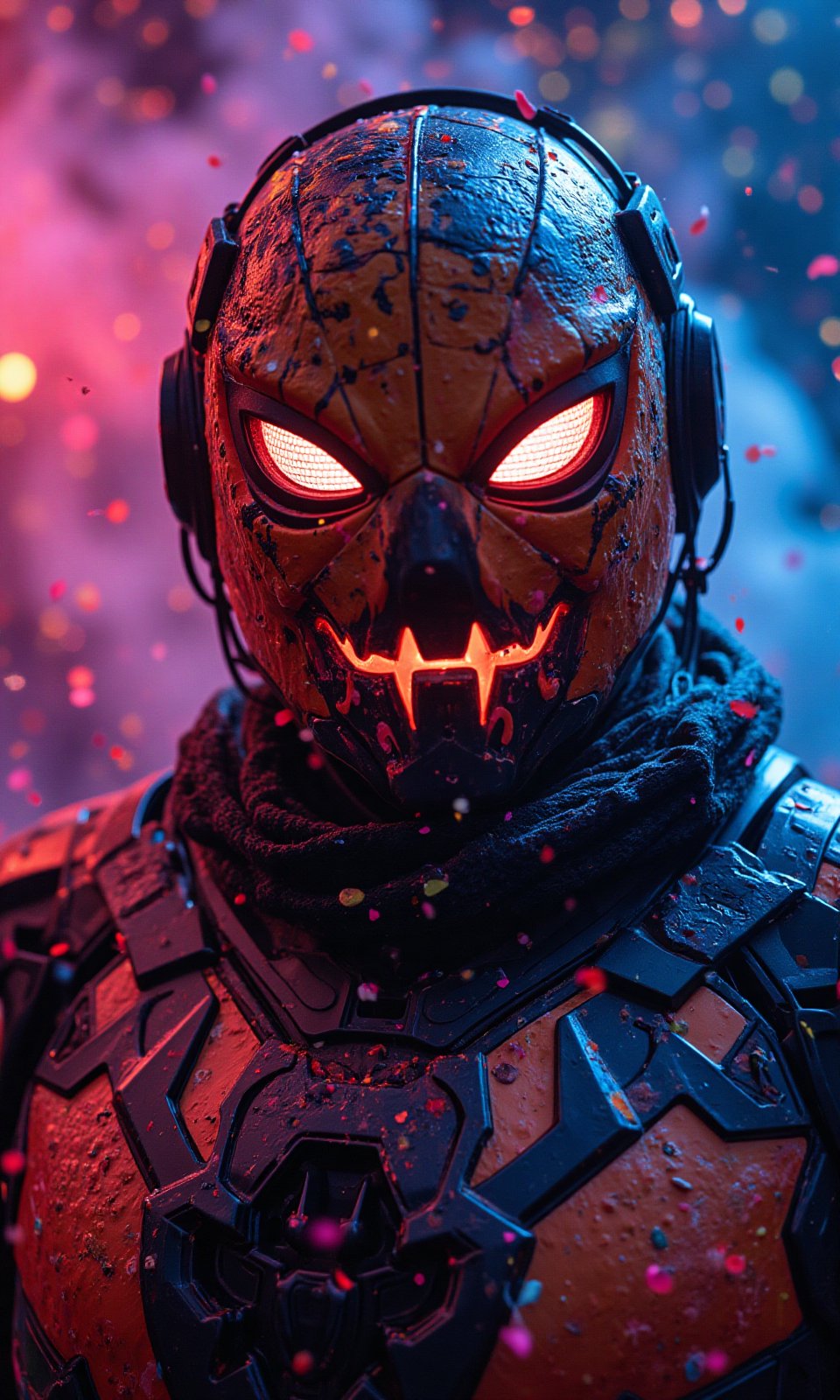 a photorealistic close-up Iron Man_Spider-Man in a pumpkin headgear, Hi-Tech cyberpunk style,
stoned, splatter art, color -splattered neon colors, (colorful glowing smoke) ((motion effect)), best quality, wallpaper art, UHD, centerpiece, MSchiffer art, ((flat color)), (cel-shading style) colors very bold neon, ((high saturation)) ink lines, psychedelic environments.