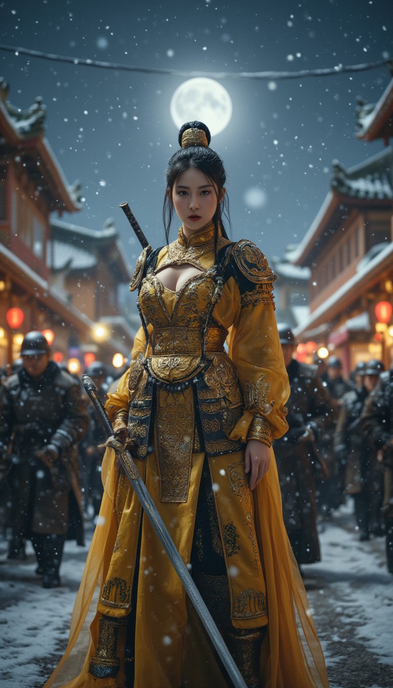 An ancient Chinese city street setting,
ancient China, city street, nighttime, full moon, soldiers, winter, snow-covered rooftops, traditional architecture, lanterns,
in the middle, a female general stands confidently, wearing heavenly golden armor and wielding a long sword, as soldiers rush past her, the moonlight illuminating her fierce expression amidst the falling snow.