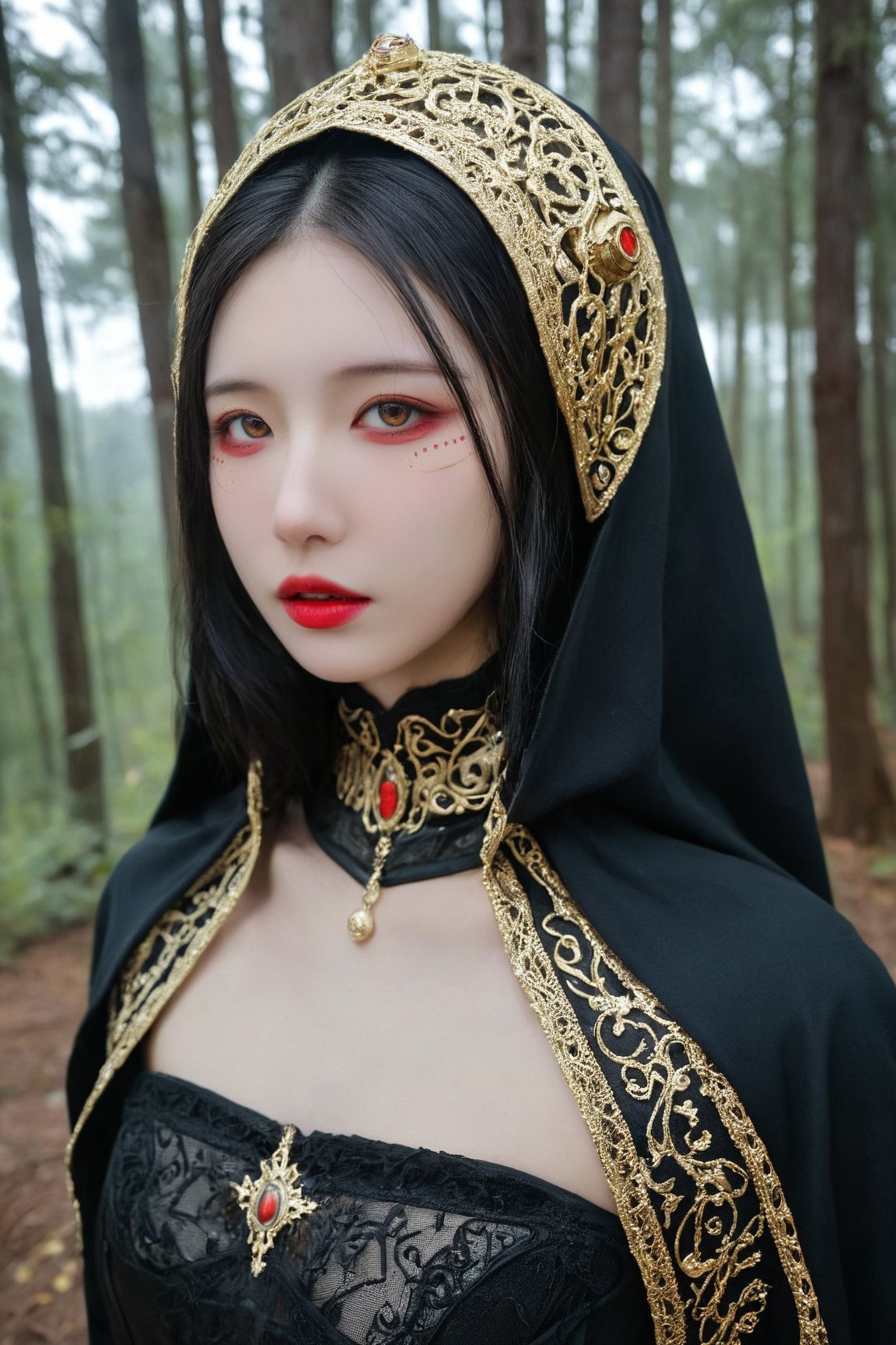 Cyberpunk priestess, pale face with intricate circuitry tattoos. Glowing red eyes, black lips. Ornate golden hood, dark robe. Mechanical neck and chest visible. Eerie forest background. Hyper-detailed, dramatic lighting, digital art style. Gothic and futuristic blend