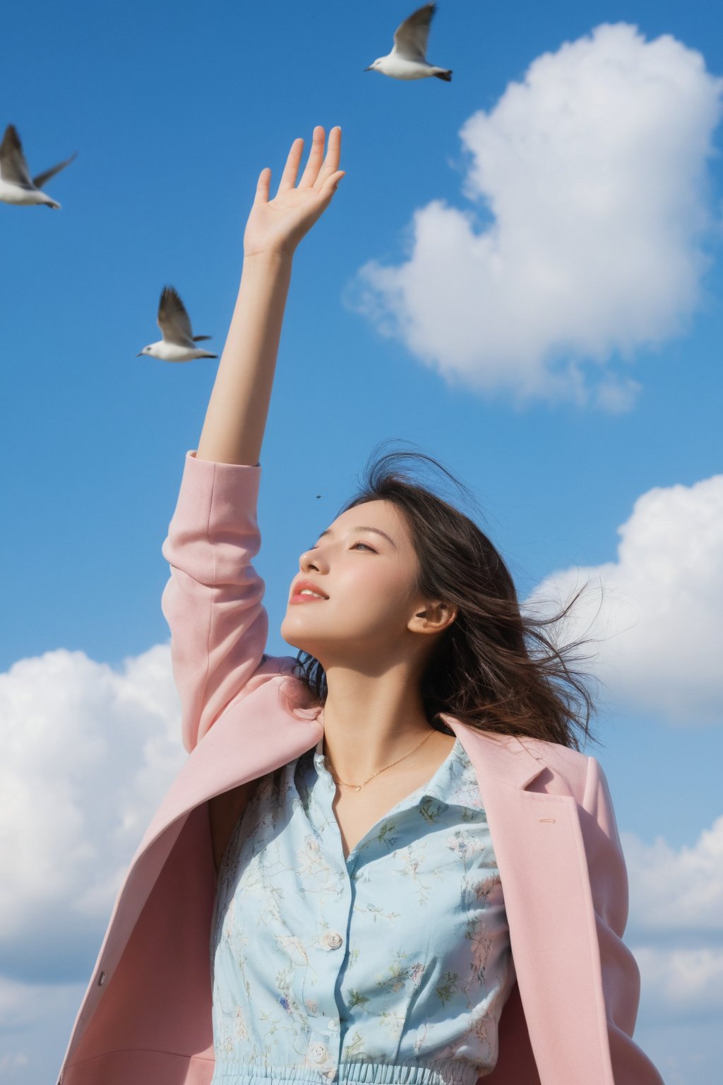 photorealistic,Extremely Realistic,in depth,cinematic light,hubggirl,

BREAK 
A young woman with tousled hair, wearing a pink jacket and a light blue floral dress. She is seen in a joyful pose, lifting her arms and adjusting a pink visor over her eyes. The backdrop is a vast sky with fluffy white clouds and three birds in flight. The overall mood of the image is one of freedom and carefreeness,

BREAK 
perfect hands, perfect lighting, vibrant colors, intricate details, high detailed skin, intricate background, 
realistic, raw, analog, taken by Canon EOS,SIGMA Art Lens 35mm F1.4,ISO 200 Shutter Speed 2000,Vivid picture,More Reasonable Details