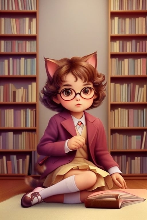 Envision an adorable and playful scene: A cat sits in front of a bookshelf,  adorned with glasses and a vintage jacket,  r...