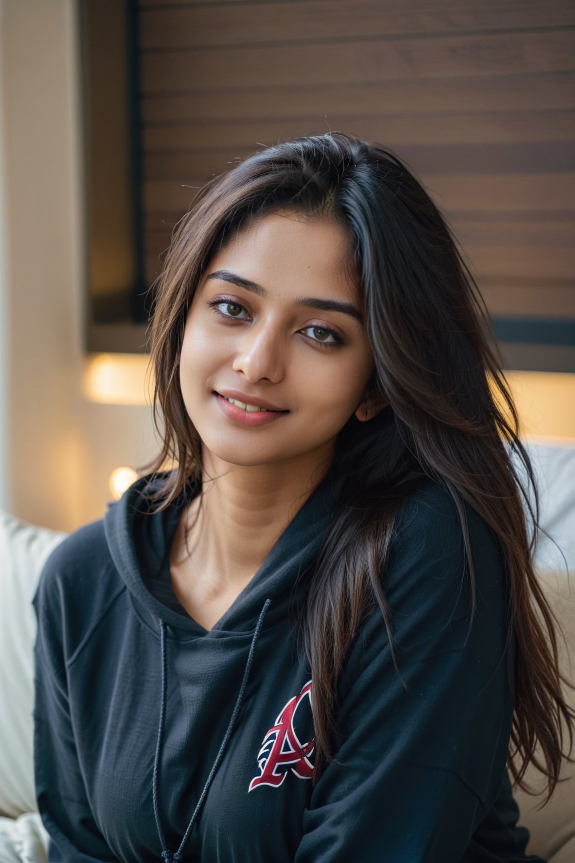 A 24-year-old Indian Instagram model,  lower and black hoodie, small boobs, with fair light skin, hazel blue eyes , longhair, and a captivating smile, braves and chill in shofa   , full body picture, exuding elegance and charm.,aesthetic portrait,AI_Misaki,NylaUsha