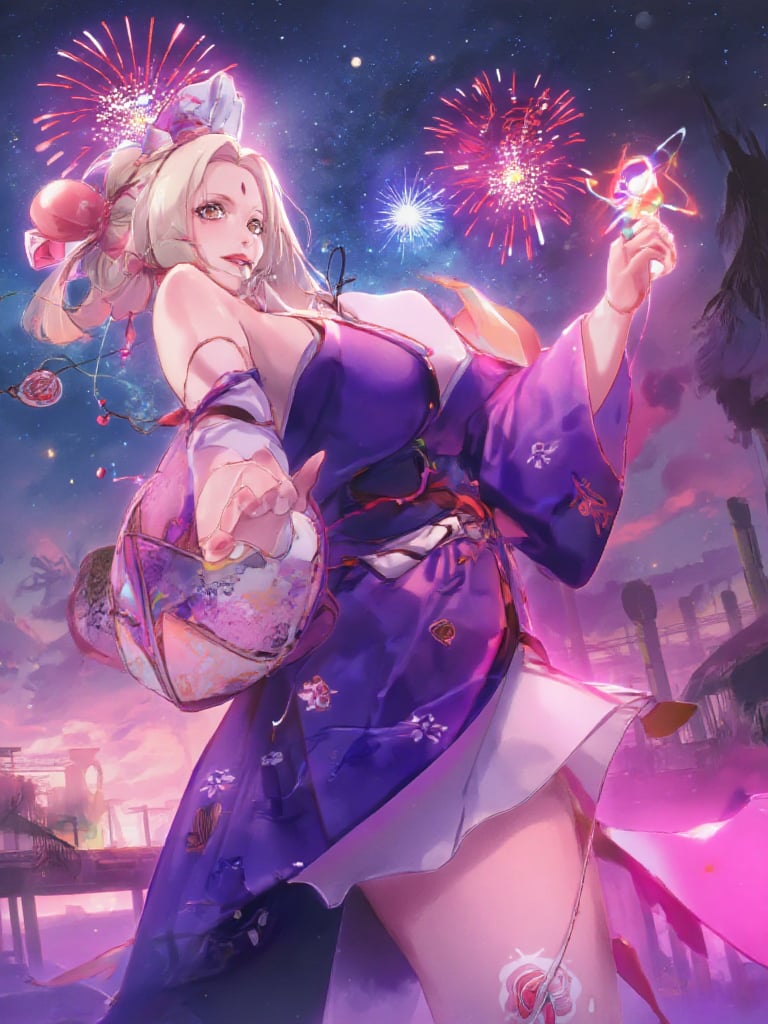 Create a stunning full-body shot of a beautiful blonde hair anime girl posing cutely while holding a glowing light sign that reads "Flux." She is dressed in an exquisite purple kimono adorned with intricate patterns, showcasing flowing fabric that catches the light. The background features a vibrant night sky, illuminated by colorful fireworks blooming in a dazzling array of reds, blues, and golds. The composition should include dynamic angles, with Alya slightly turned to highlight her joyful expression. Use soft, ethereal lighting to create a magical atmosphere, enhancing the rich color palette of deep purples and bright bursts of color. Render the image in the style of Makoto Shinkai, focusing on high detail and clarity, with a resolution suitable for a masterpiece display, ensuring every texture—from the silk of her kimono to the sparkle of the fireworks—is vividly captured.,Tsunade,Dsmile