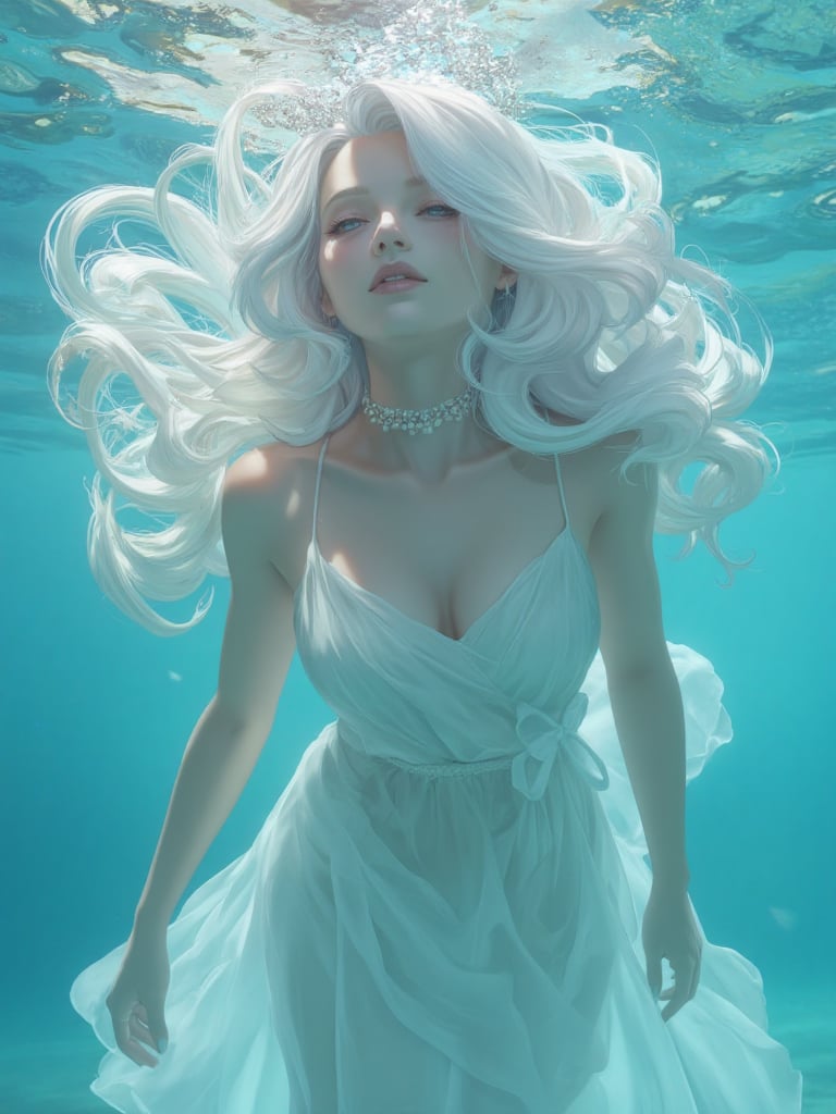 torino,Alya,Create an image of a beautiful woman submerged underwater, embodying ethereal beauty. She has flowing, white hair that cascades around her, contrasting beautifully against a serene, pure blue background. The composition should focus on her solo figure, elegantly posed as she floats gracefully, exuding maturity and allure. Soft, dappled light filters through the water, illuminating her features and creating a dreamlike atmosphere. The color palette should be dominated by light blues and soft whites, enhancing the sense of tranquility. Use a hyper-realistic style, emphasizing the smooth texture of her skin and the fluidity of her hair. Capture a sense of gentle motion, as if she is softly swaying with the current. Aim for the highest quality, extremely clear resolution, resulting in a masterpiece that feels both captivating and serene.