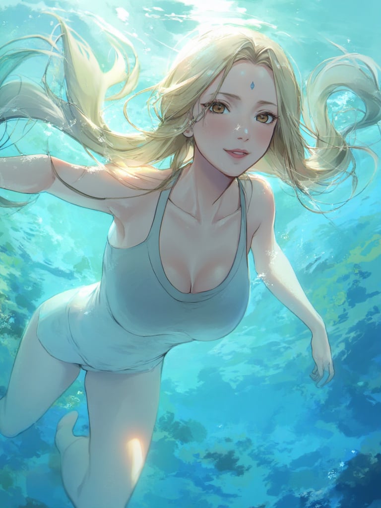 anime style,Create an image of a beautiful woman submerged underwater, embodying ethereal beauty. She has flowing blonde hair that cascades around her, contrasting beautifully against a serene, pure blue background. The composition should focus on her solo figure, elegantly posed as she floats gracefully, exuding maturity and allure. Soft, dappled light filters through the water, illuminating her features and creating a dreamlike atmosphere. The color palette should be dominated by light blues and soft whites, enhancing the sense of tranquility. Use a hyper-realistic style, emphasizing the smooth texture of her skin and the fluidity of her hair. Capture a sense of gentle motion, as if she is softly swaying with the current. Aim for the highest quality, extremely clear resolution, resulting in a masterpiece that feels both captivating and serene.,Dsmile,Tsunade