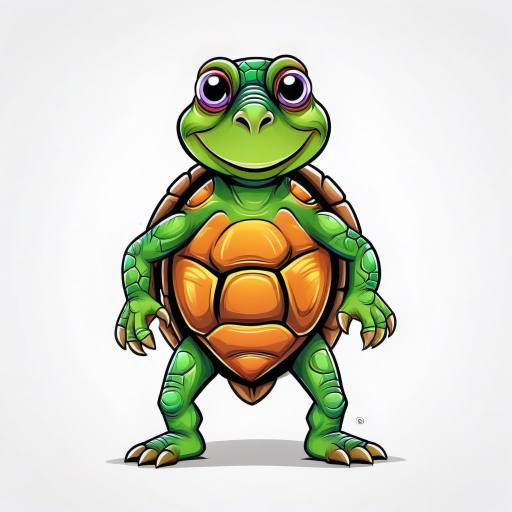 Cartoon-style, high-definition illustration of an anthropomorphic turtle, 2D, bold black outlines, clip art, vibrant colours, cartoon-expressive aesthetics, stark white background, UHD drawing