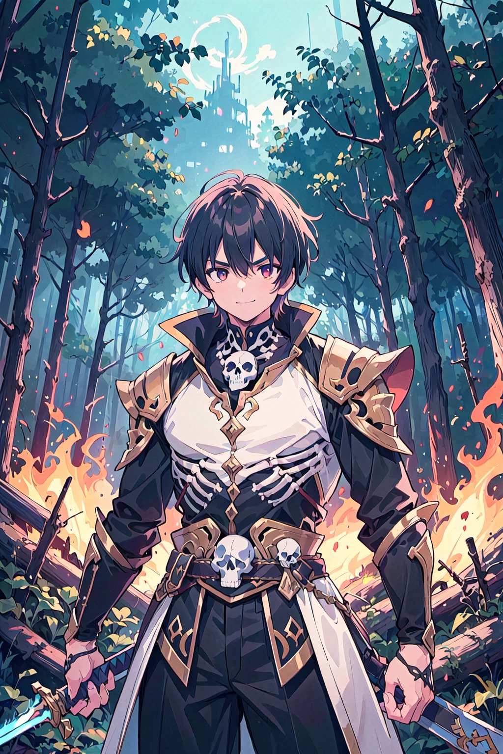 Boy, a warrior, wearing a luxurious emperor's outfit. Medium-parted short hairstyle cute skeleton wide eyes Furrowed brows and mischievous smiles, a skull rod, and a fire forest sword of magic in the background.
It's all a skeleton.
 high-quality rendering, showcasing he personality and unique features.
