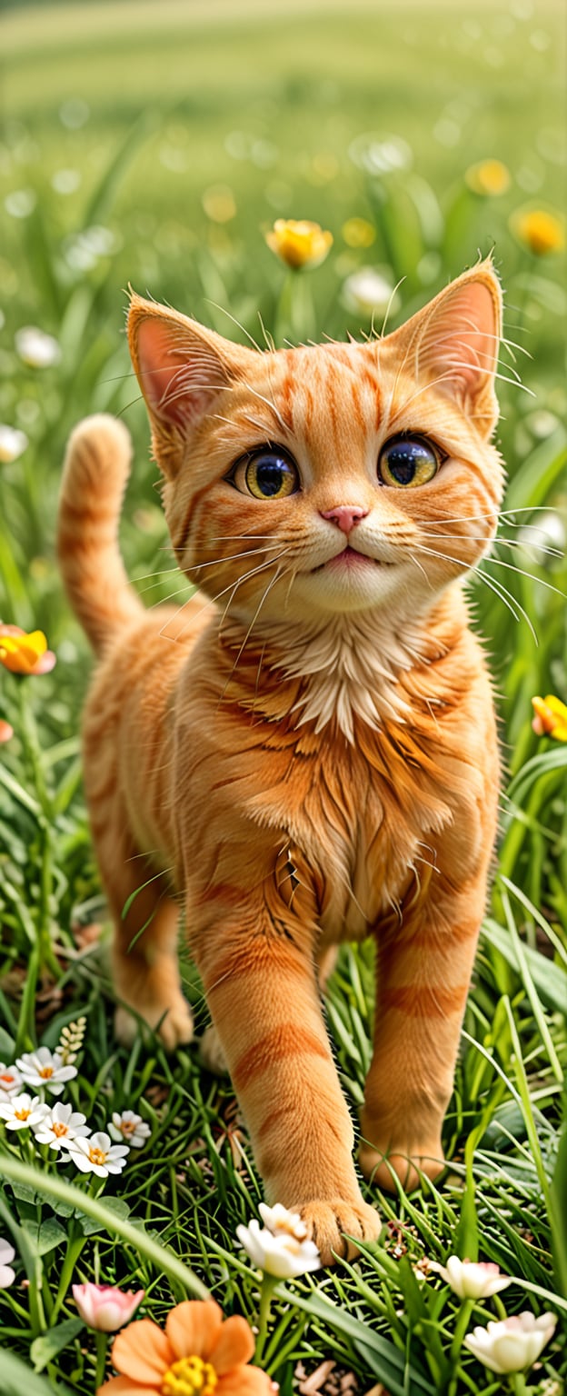 there is a small orange kitten walking through a field of grass, cute and adorable, beautiful and cute, cute kitten, ginger cat, adorable appearance!!!, an adorable kitten, adorable and cute, cute and lovely, cute cat photo, lovely and cute, cuteness, aww, in a field of flowers, beautiful picture of stray, cute cat, !! looking at the camera!!