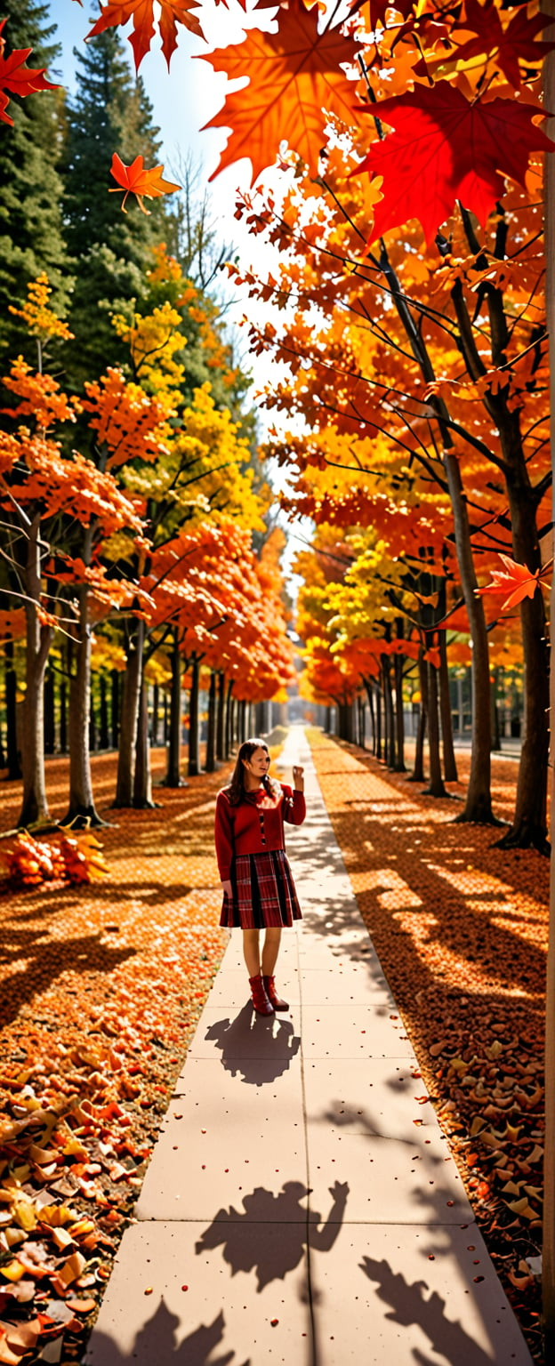 In autumn, orange and red maple leaves form a beautiful picture, subtle and charming light and shadow effects, a dream-like scene, infinite possibilities in the digital world, ultra-realistic, ultra-clear, complex details, ultra-wide-angle lens 16k