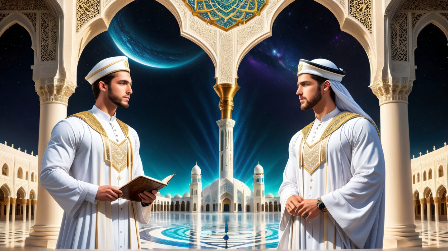 a detailed epic poster, two handsome white university students graduating, islamic architecture 
  , DonMASKTexXL , 