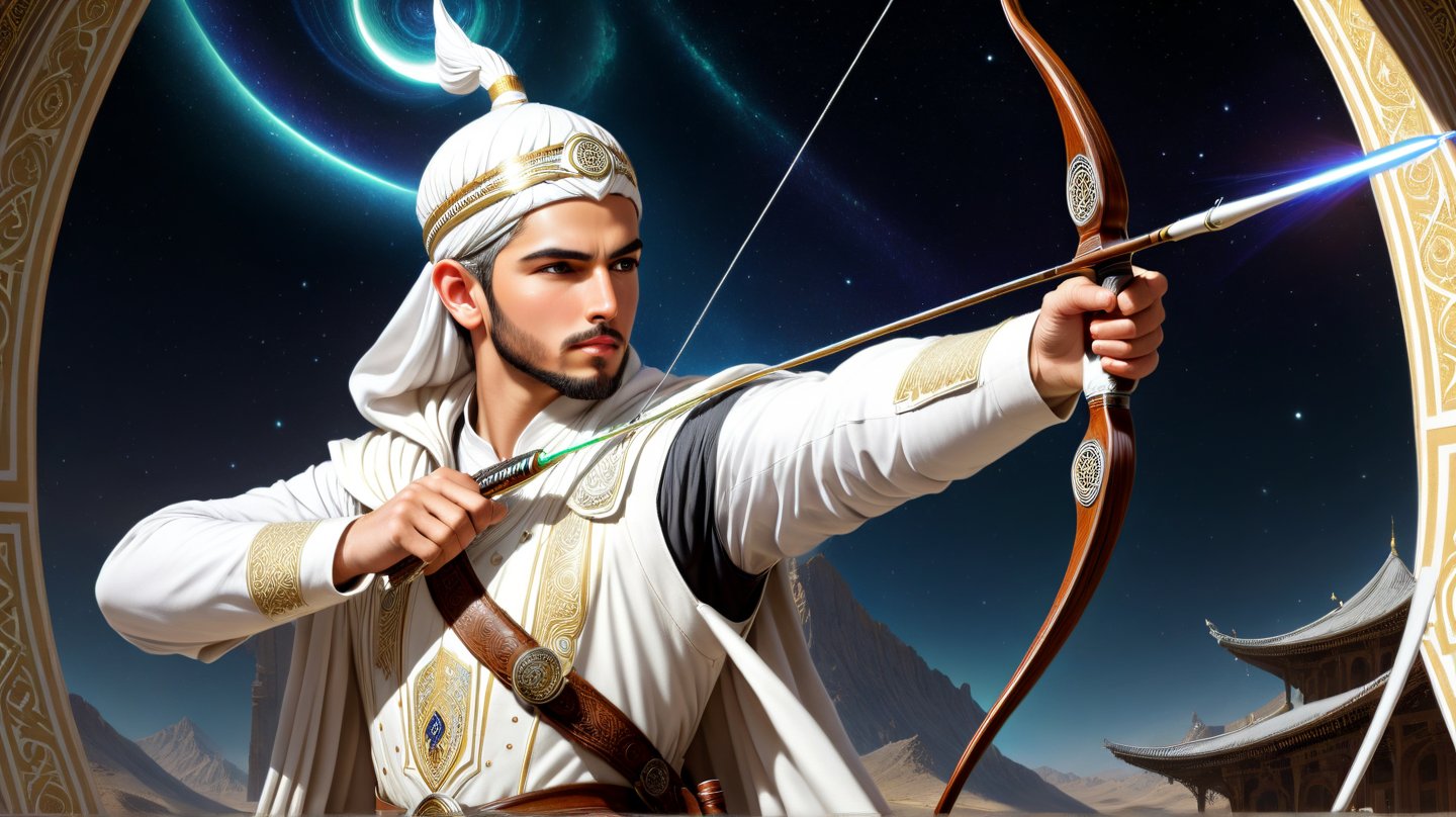 a detailed epic poster,  a handsome white muslim scholar young man archery aim, DonMASKTexXL , 