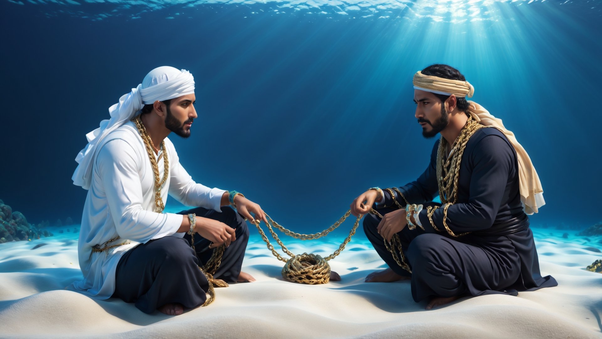 two fully clothed handome muslim men sitting at the bottom of the ocean being chained at the ankle,  very detailed 8k,  lo...