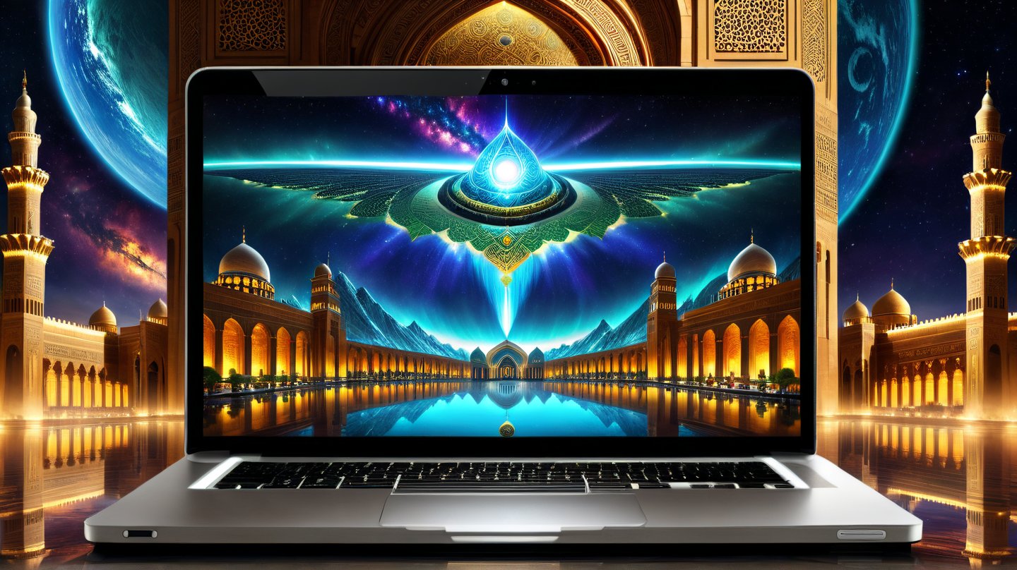 a detailed epic poster,   no one using laptop for online conference in front of great world islamic civilisation   , DonMASKTexXL , 