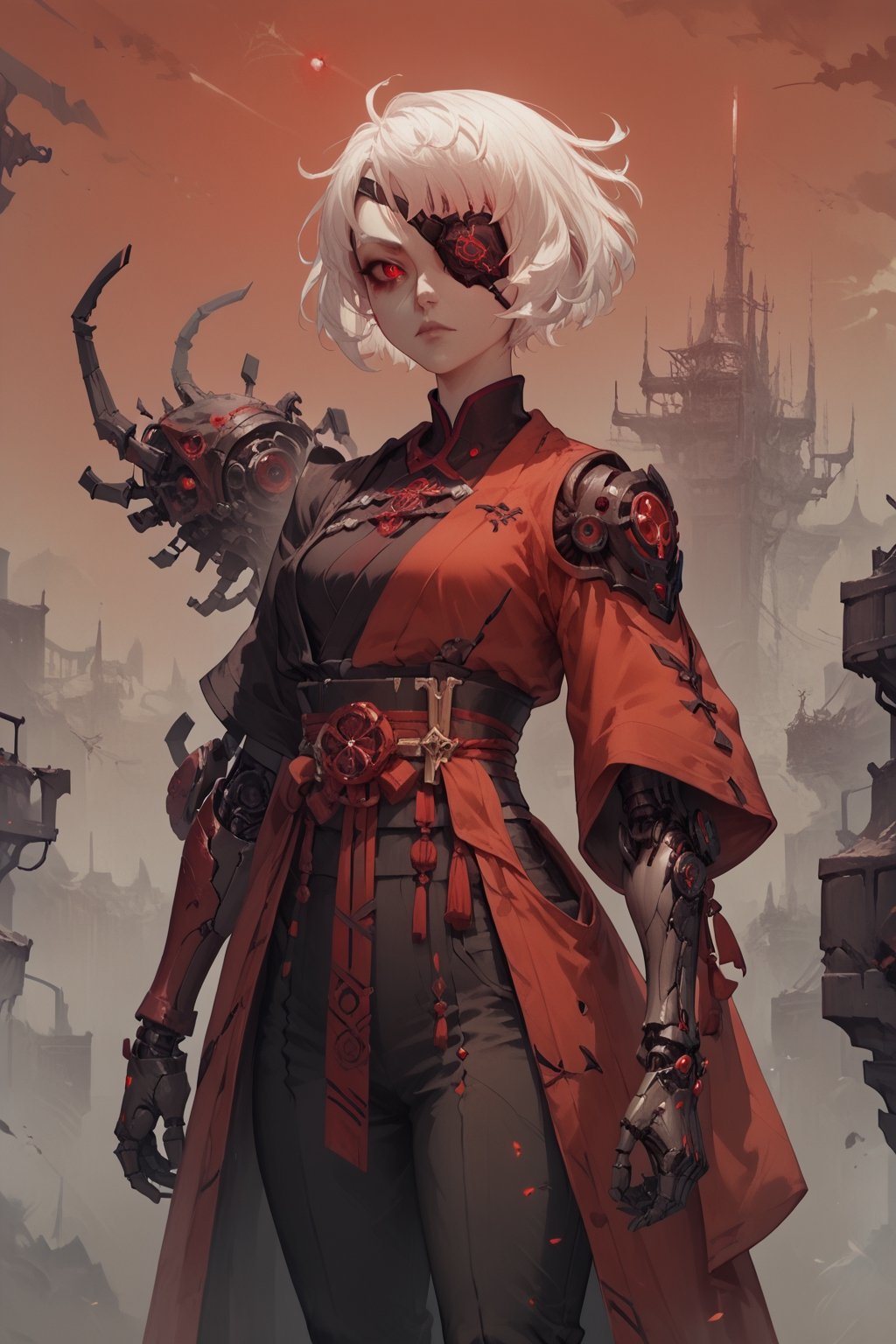 score_9, score_8_up, score_7_up, score_6_up, koling, OverallDetail, 1girl, solo, mechanical arm, short white hair, eye patch, red eyes, high black pants,concept art, black and white open kimono, city background