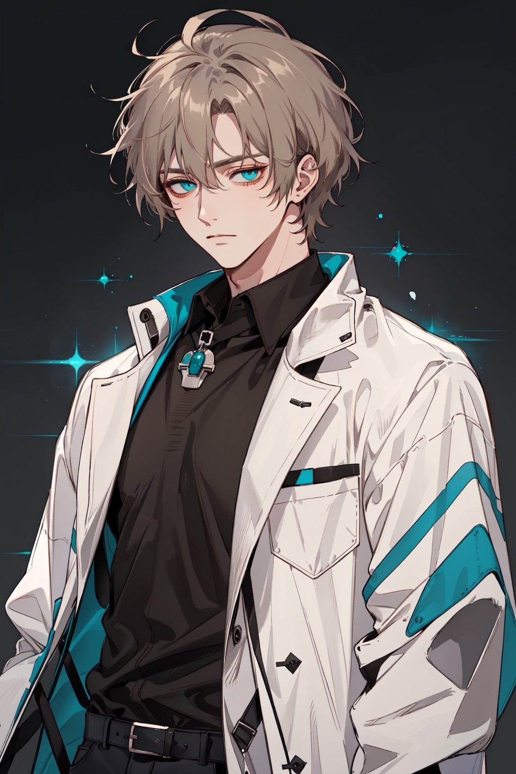 masterpiece, highly_detailed, 1_guy, alone, white_coat, shaggy_hair, middle_length_hair, light_brown_hair, fair_skin, teal_eyes, thick_body, laboratory_background, nervous, chemist, handsome,best quality,Color, black_shirt, simple, simple_clothes