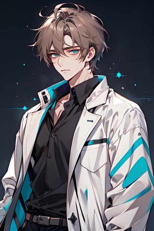 masterpiece, highly_detailed, 1_guy, alone, white_coat, shaggy_hair, middle_length_hair, light_brown_hair, fair_skin, teal_eyes, thick_body, laboratory_background, nervous, chemist, handsome,best quality,Color, black_shirt, simple, simple_clothes