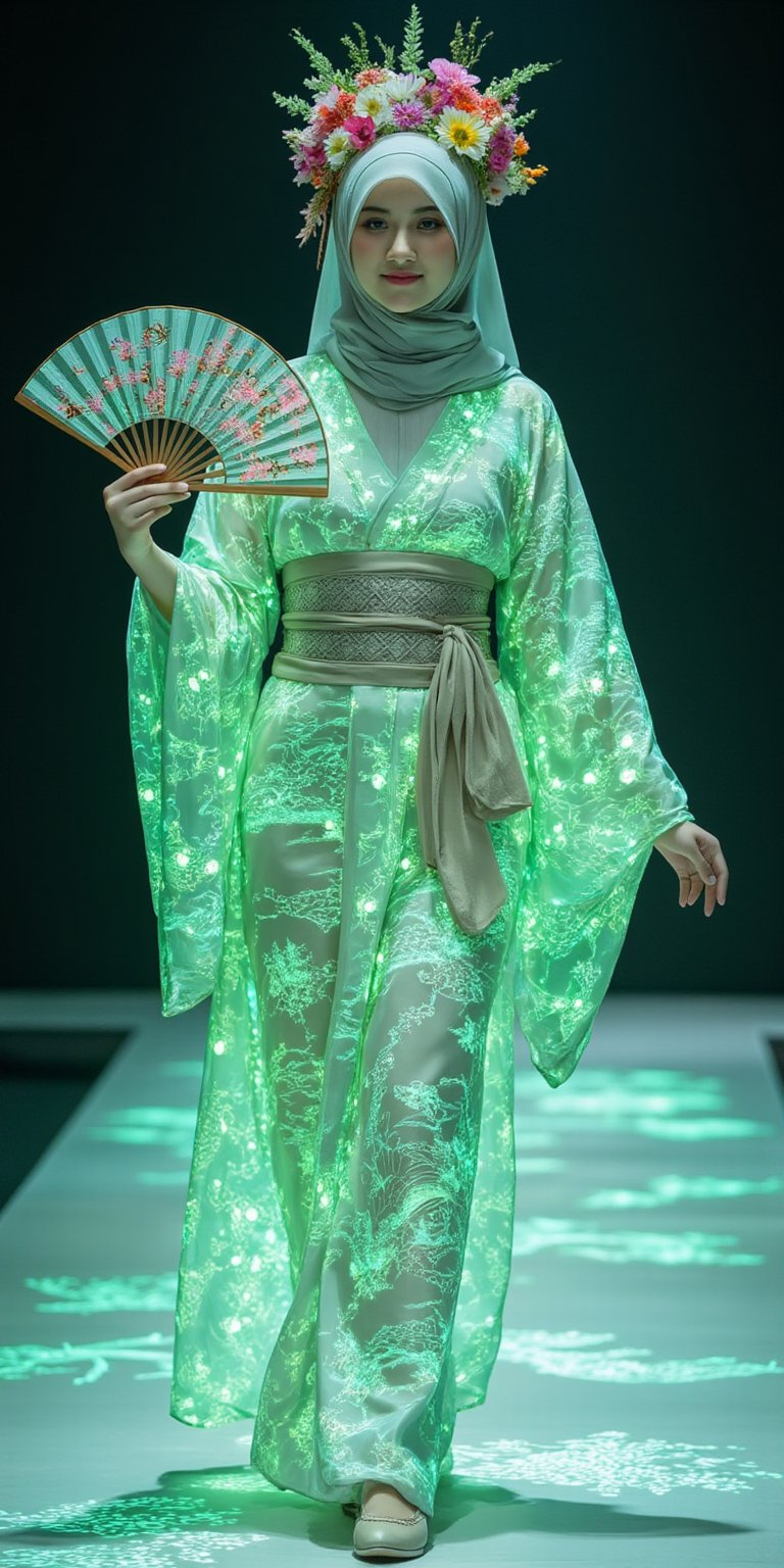 A futuristic fashion runway concept with a beautiful AdelliaHalim in the center. She is wears (((long wide hijab))) at the front and traditional Japanese kimonoFT with a futuristic twist. The kimono is made of translucent, glowing fabric and features wide, flowing sleeves, an elegantly tied obi sash, and a floor-length skirt. The garment is intricately embedded with LED patterns that showcase traditional Japanese motifs such as cherry blossoms, waves, cranes, and bamboo. The dress also has an ethereal, complex asymmetric green pattern that glows and projects across the entire outfit. She has platinum long hijab styled and an intricate braided wide green hijab at the front style featuring a diamond pattern and multiple small braids. She is adorned with a large, gorgeous choker, and a floral headdress featuring an abundance of flowers in various colors. In her hand, she holds a traditional Japanese fan.