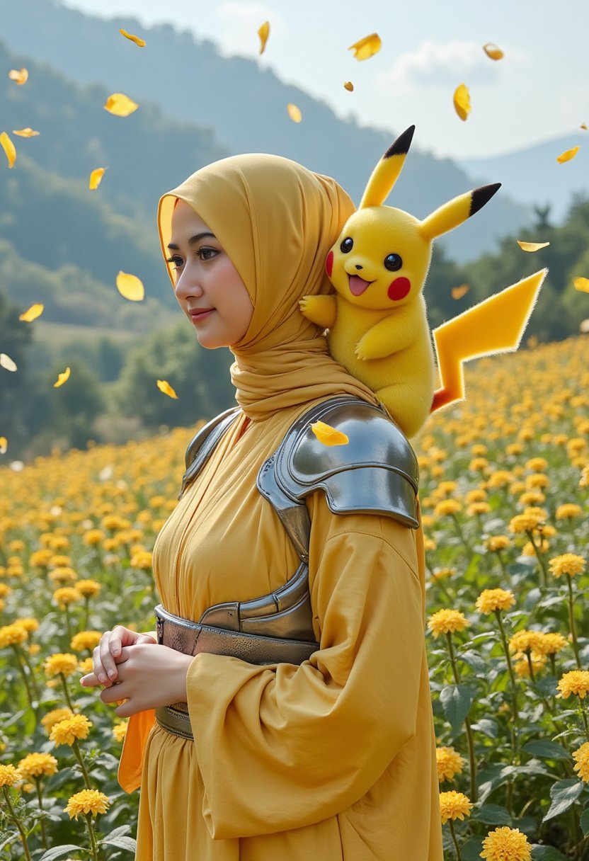 A lovely Pikachu stands serenely on the shoulder of a young woman AdelliaHalim clad in mecha kimono with metallic armor, its adorable face upturned as wind whispers through her long yellow hijab. The vast flower field at the mountain's peak stretches out before them, petals gently falling all around like confetti. Foliage shadows dance across their faces and bodies, while lens flares and sunlight shadows add a touch of drama to this whimsical scene.