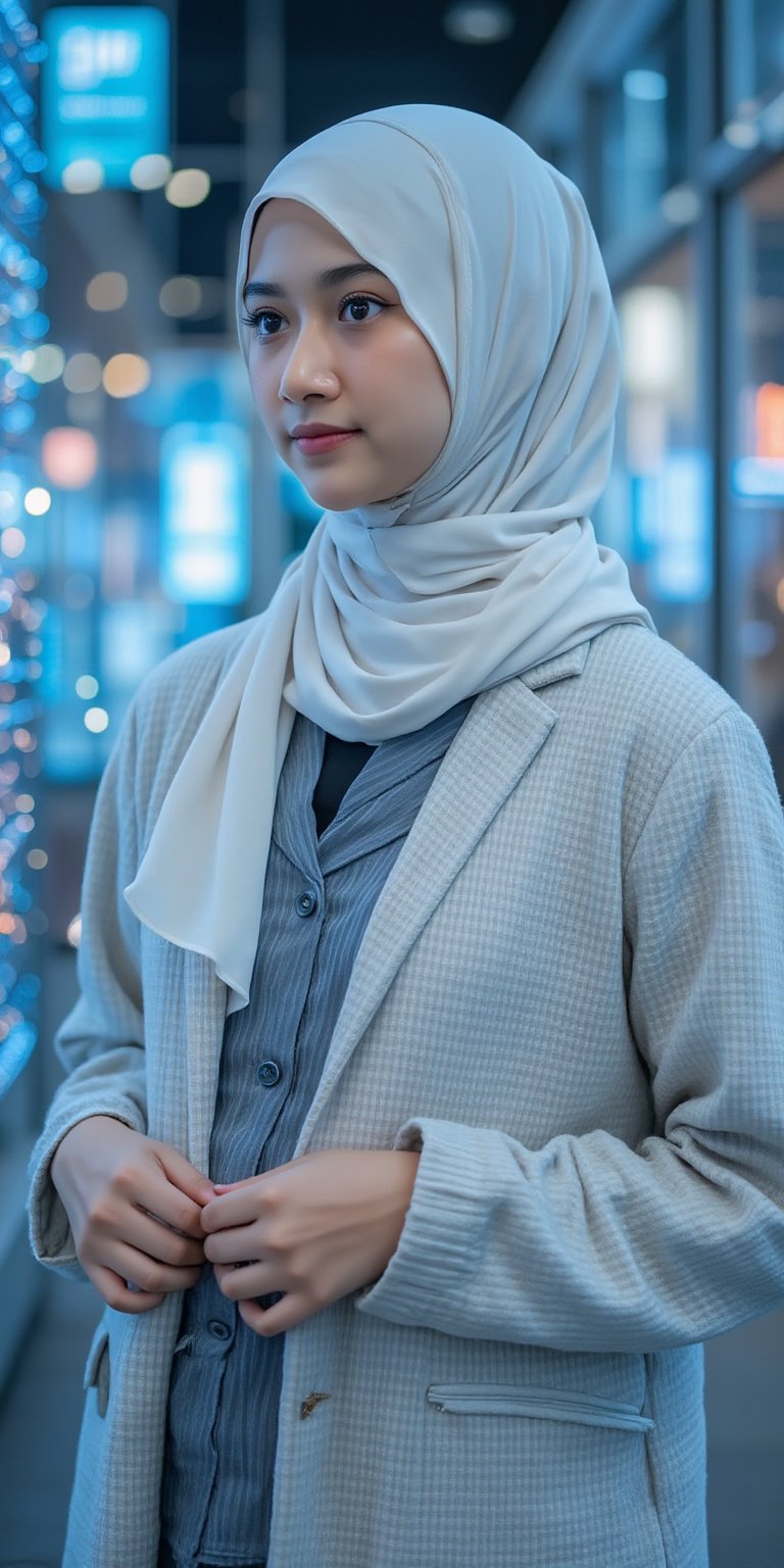 A AdelliaHalim with white hijab aspiring talent gazes ahead with a determined look, wearing japanese school uniform. She stands in a modern AI-driven world where digital projections swirl around her. Her eyes shine with hope and unwavering determination, symbolizing the pursuit of her dream to become a star. Full-body portrait, capturing her whole figure, the mix of tradition and technology, and the light of ambition in her expression, Mecha