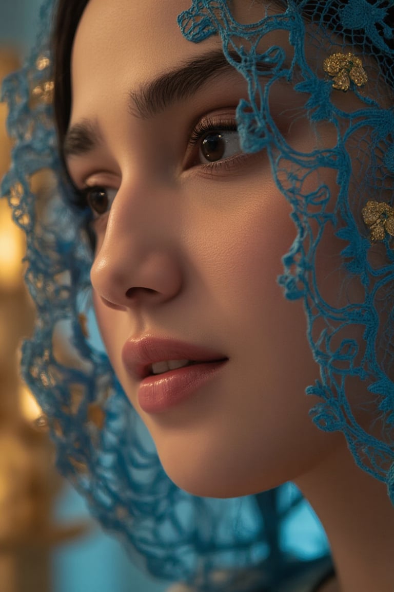 A mesmerizing extreme close-up of one side of Syifa Hadju's face, the most beautiful girl in the world. Her piercing brown eye gazes through delicate dark blue lace, while a warm golden glow casts soft reflections on her skin. The intricate texture of gold details in her clothes complements the scene. Her soft, plump lips and perfect teeth are partially visible from the side