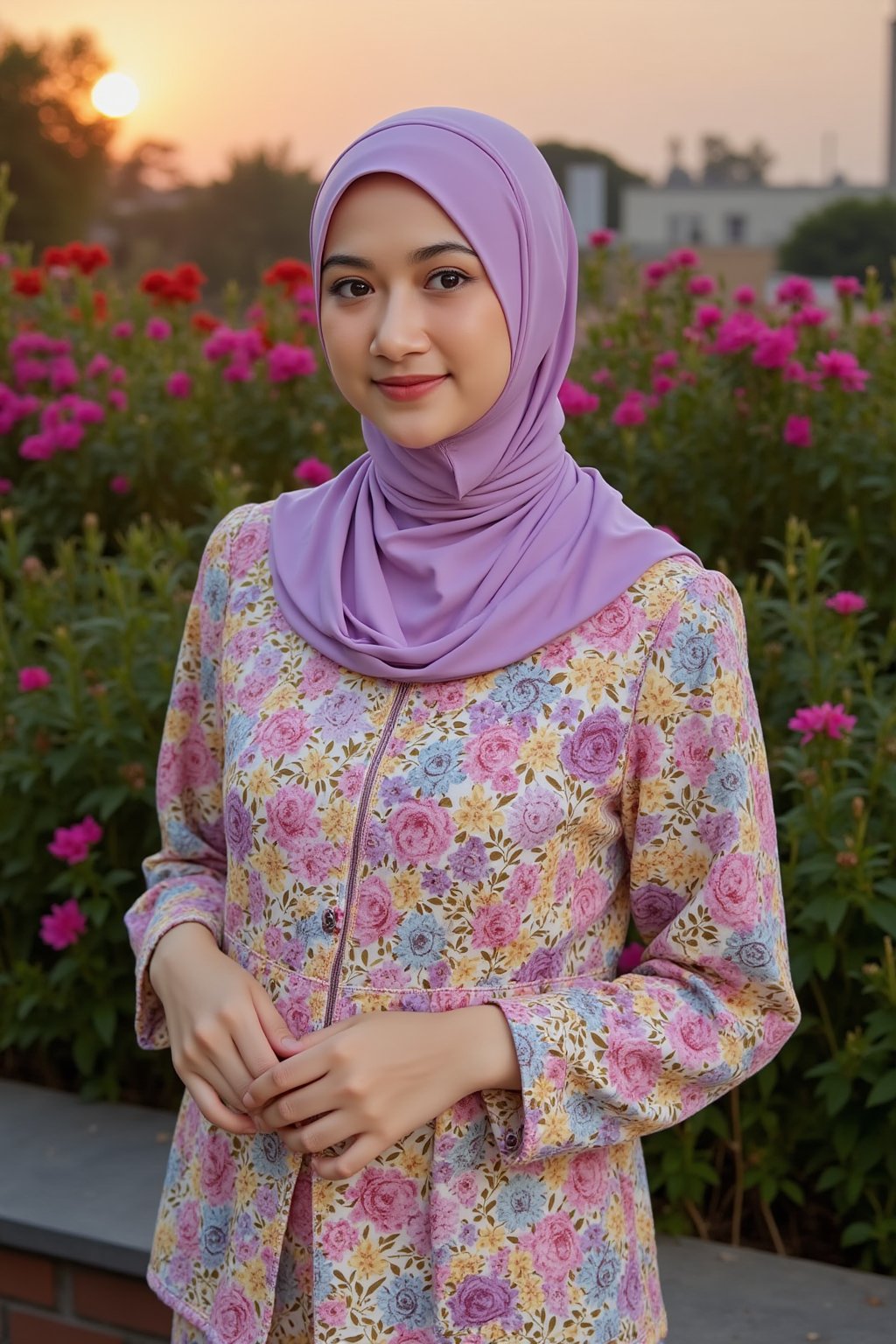 fashion photography, AdelliaHalim wearing purple hijab, modern fashion, urban lighting, minimalist garden background, maximalist color flower pattern clothing, unexpected color pattern, branded clothing, iranian model, hijab, the background of a large sun flower garden clear summer dusk. dslr, 4k, 120fps, ultra realistictography, fashion shot, multiple options with different shoot angles.