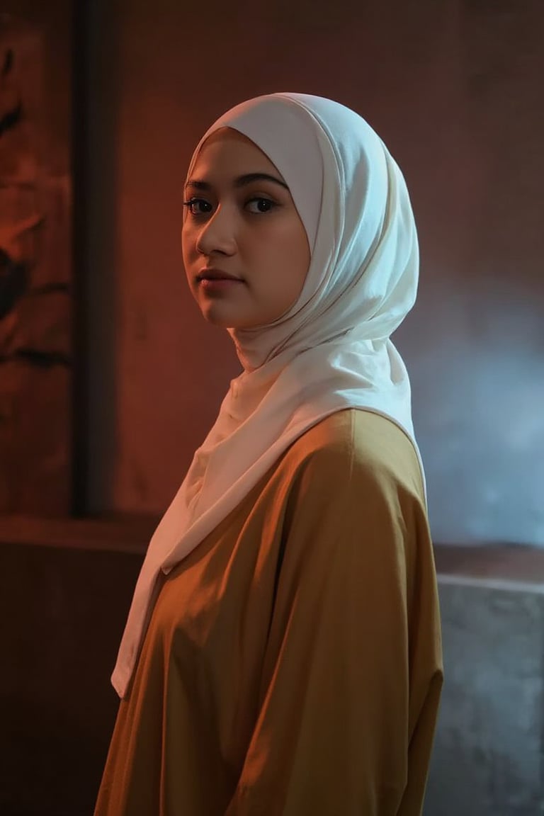 UrbanPhoto, A portrait full body of adelliahalim, captured in a side profile. She stand and illuminated by a warm, ambient light that casts a soft glow on her face and hijab, highlighting her white hijab. The woman is wearing a mustard-colored shirt, and her gaze is directed away from the camera, creating a sense of introspection. The background is blurred, with a mix of red and blue hues, suggesting a modern or artistic setting. The overall mood of the image is serene and contemplative, with the play of light and shadow adding depth and dimension.