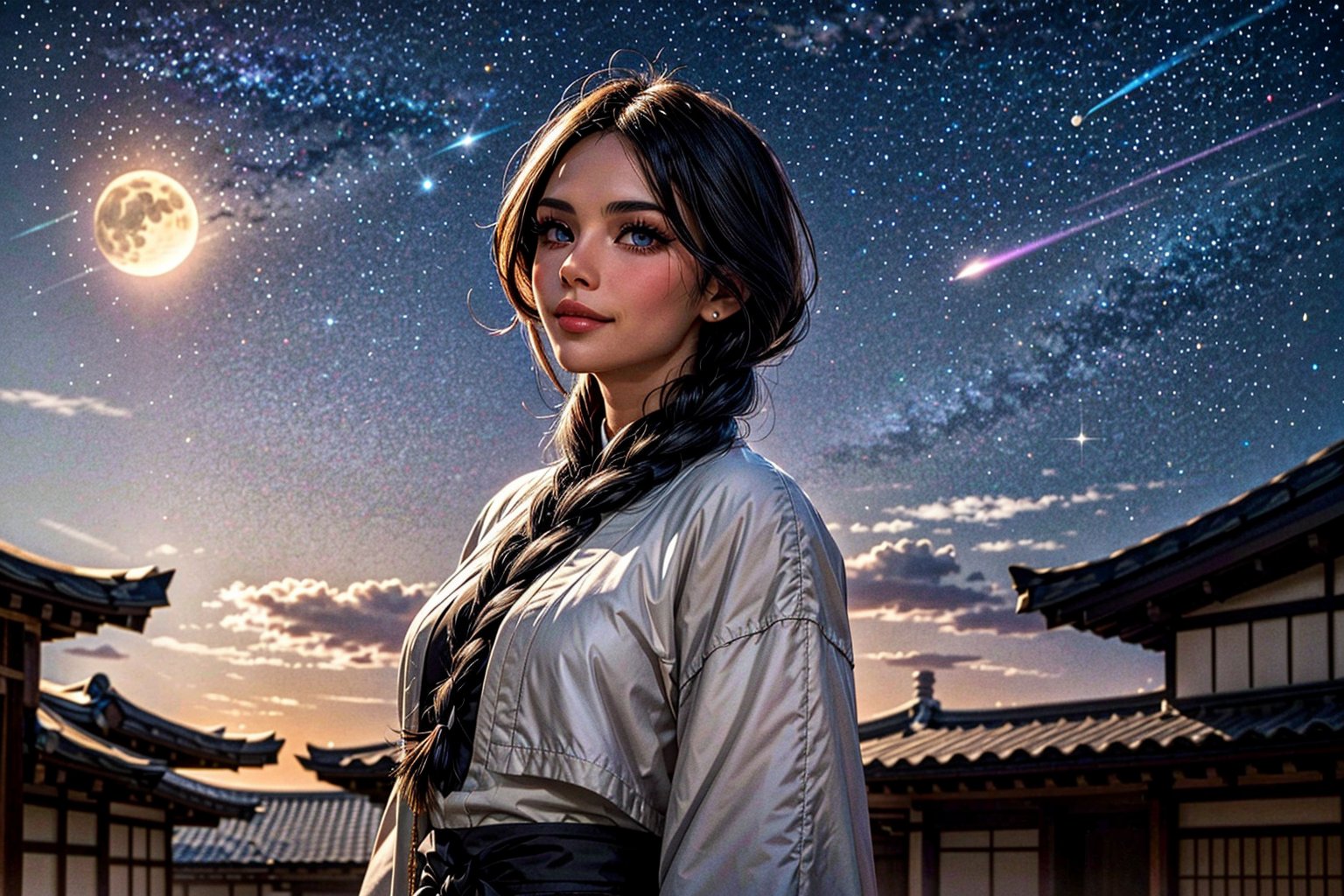 Unohana Retsu stands regally in the foreground, against a backdrop of star-studded night sky, her piercing gaze locking onto the viewer's. A warm smile spreads across her face, framed by long eyelashes and dramatic eyeliner. Her striking features are accentuated by her raven-black kimono and skirt, blending seamlessly with shadows, while her crisp white coat adds elegance. A single braid cascades down her back like a golden river. Her mature figure is emphasized by her generous bust. In the subtle background, Japanese architecture's serene beauty subtly reflects the celestial setting.