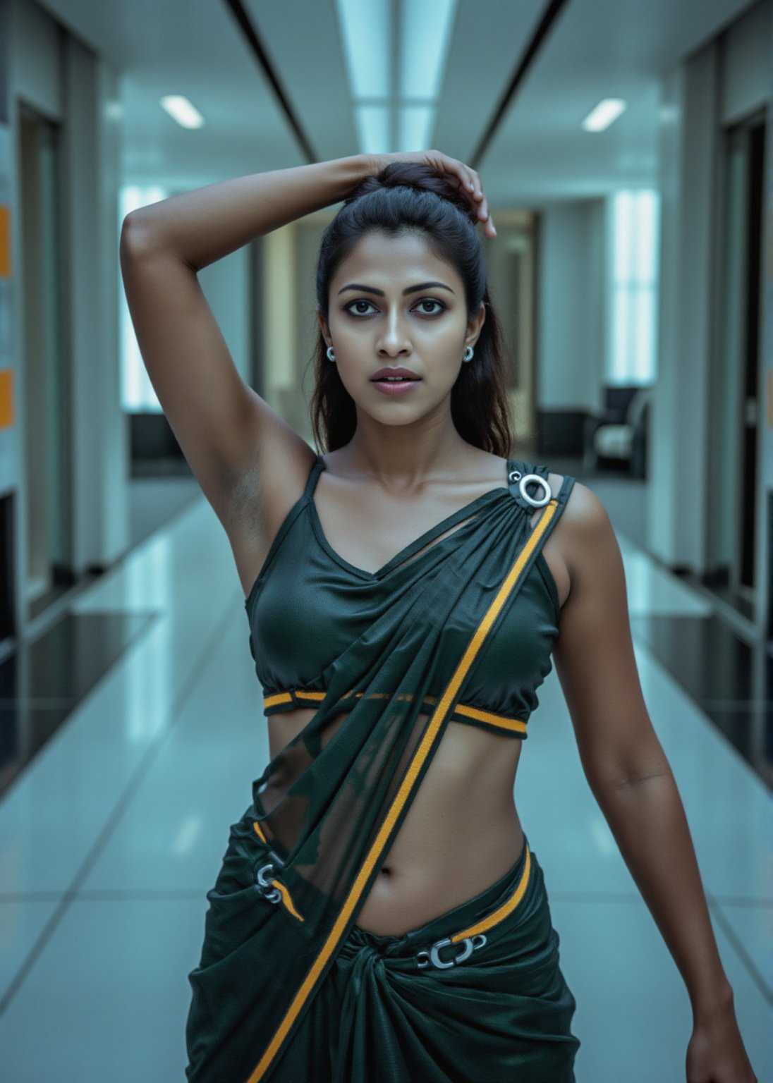 Tron legacy movie style, A stunning portrait of a 25-year-old woman wearing a saree, captured with a Canon 1DX and 50mm f/2.8 lens. The framing of the shot emphasizes her curves as she poses confidently, navel exposed. Soft, natural lighting accentuates her features, while the high-resolution image quality reveals intricate details in the fabric of her attire.,Girl25yo,Futuristic,XChrisx