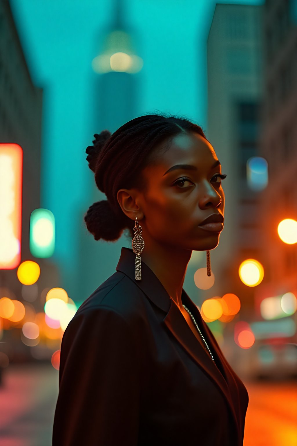 A stylish brown-skinned woman stands out against the sleek, teal-hued cityscape in a Matrix-inspired scene. The warm glow of streetlights and neon signs casts an orange filter over her, creating a striking contrast with the cool urban backdrop. She exudes confidence as she gazes out into the distance, her pose a fusion of strength and sophistication.,Transgender mallu