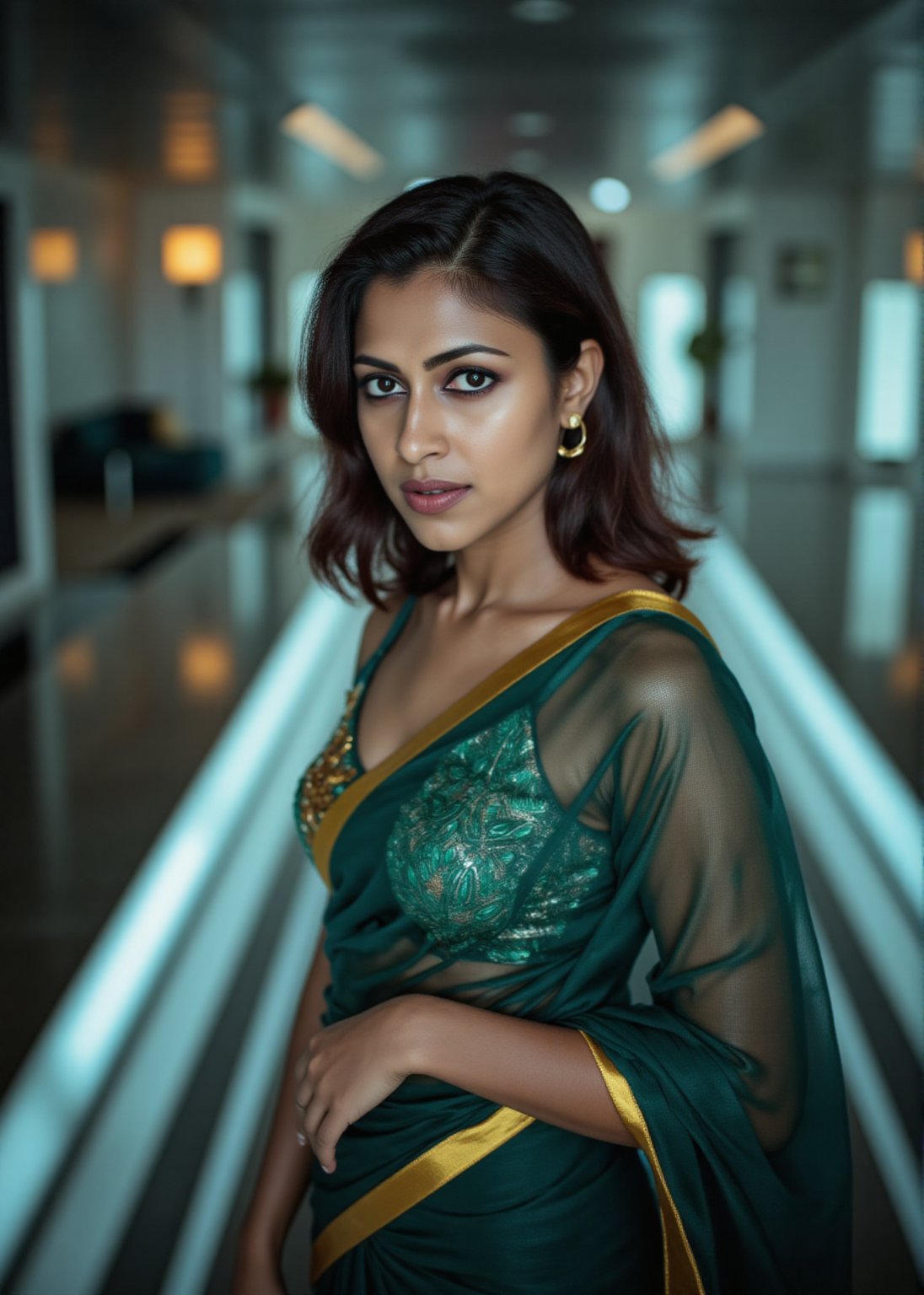 Tron legacy movie style, A stunning portrait of a 25-year-old woman wearing a saree, captured with a Canon 1DX and 50mm f/2.8 lens. The framing of the shot emphasizes her curves as she poses confidently, navel exposed. Soft, natural lighting accentuates her features, while the high-resolution image quality reveals intricate details in the fabric of her attire.,Girl25yo,Futuristic,XChrisx