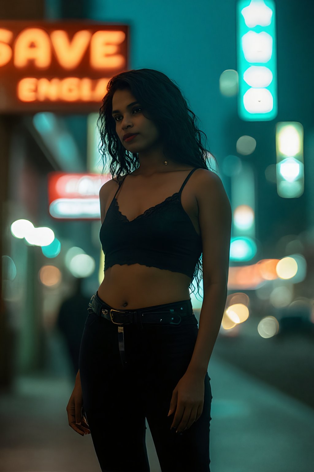 A stylish brown-skinned woman stands out against the sleek, teal-hued cityscape in a Matrix-inspired scene. The warm glow of streetlights and neon signs casts an orange filter over her, creating a striking contrast with the cool urban backdrop. She exudes confidence as she gazes out into the distance, her pose a fusion of strength and sophistication.,Transgender mallu