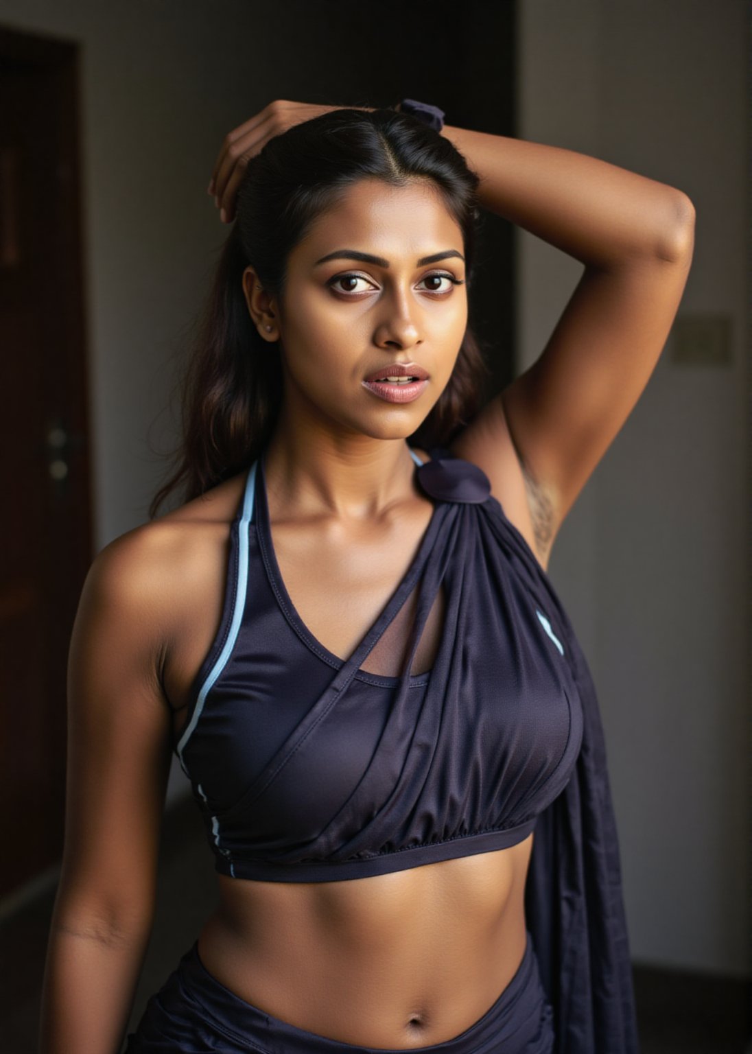 Tron legacy movie style, A stunning portrait of a 25-year-old woman wearing a saree, captured with a Canon 1DX and 50mm f/2.8 lens. The framing of the shot emphasizes her curves as she poses confidently, navel exposed. Soft, natural lighting accentuates her features, while the high-resolution image quality reveals intricate details in the fabric of her attire.,Girl25yo,Futuristic,XChrisx