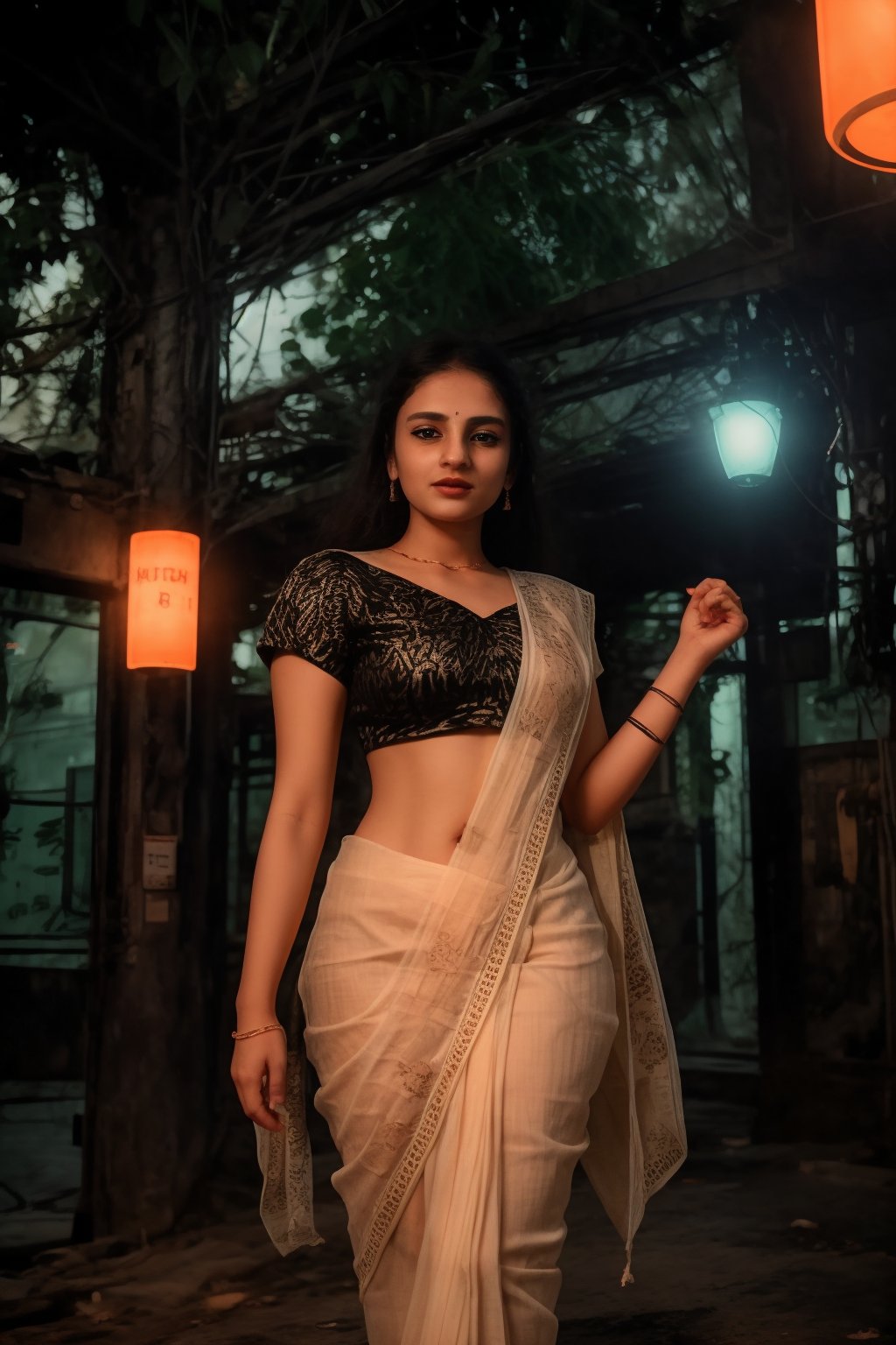 In a neon-drenched cyberpunk world, a stunning 20-year-old woman wears  saree fully covered, navel covered with transparent saree  glistening under Tron-like lights.  as vibrant Matrix-inspired hues of electric blue and fiery orange dance across her features.,Saree 