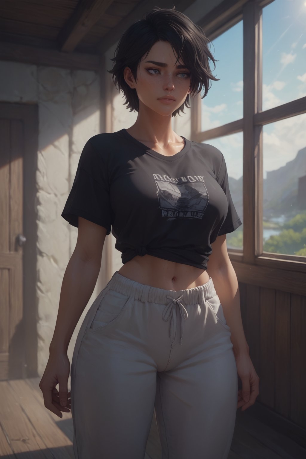 score_9,score_8_up,score_7_up,score_6_up, BREAK, 1girl, medium hair, black crop t-shirt, tomboy, large breast, baggy pants, white pants, scenery, background, sunlight, light rays, side breast