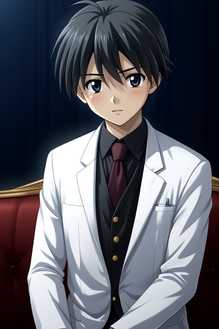 HD, 8k, highres, mantialiasing, Highly detailed, High Quality, masterpiece, beautiful, source_anime, 
BREAK 1boy, male focus, 16 years old, itou makoto, black hair, black eyes, short hair, 
BREAK white shirt, doctor uniform
BREAK couch, night, dark environment,
BREAK front view, standing, focus waist, solo focus,