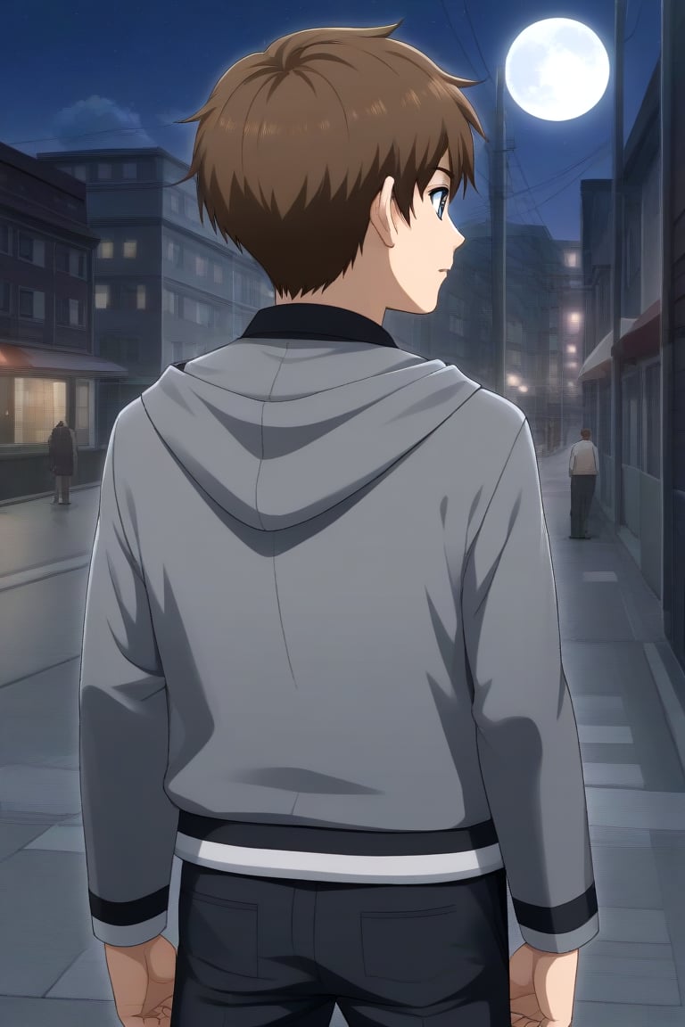 HD, 8k, highres, mantialiasing, Highly detailed, High Quality, masterpiece, beautiful, source_anime, 
BREAK 1boy, solo, (young man, male focus, 16 years old), Uzuki Li, male chest, grey eyes, Brown hair, short hair, shirt, 
BREAK street, outdoors, night, moon,
BREAK long sleeves, jacket, pants, hood, grey jacket, black pants, 
BREAK standing, dutch angle, one arm on the waist, cowboy shot, Upper body, back view, head up, From behind, looking back,