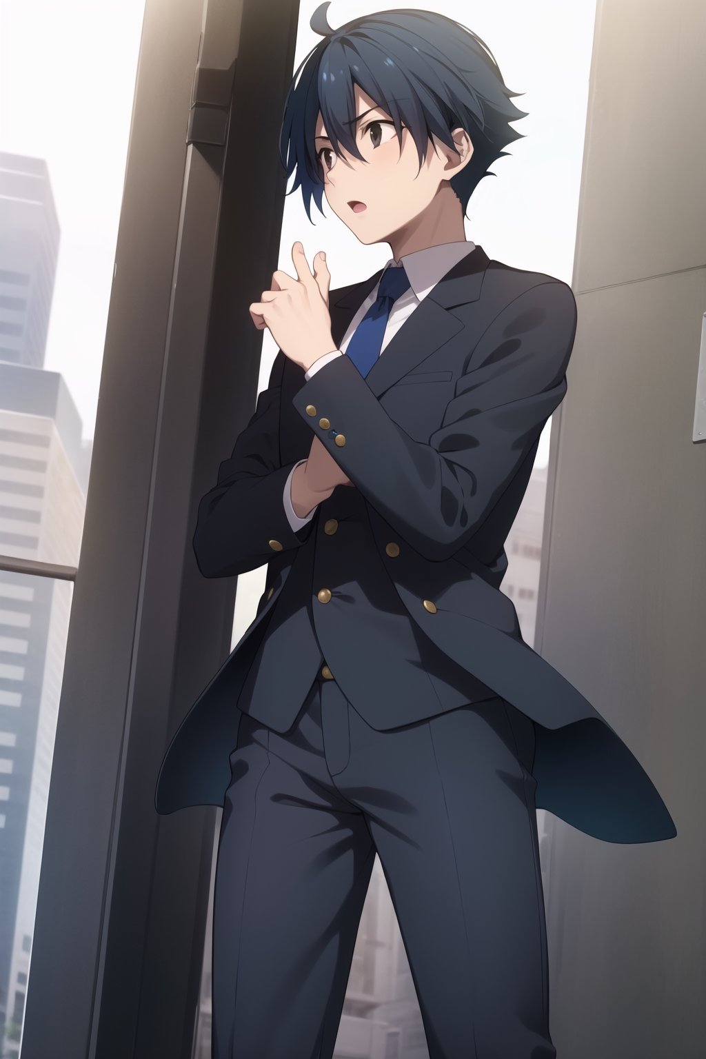 Highly detailed, High Quality, Masterpiece, beautiful,
BREAK 1boy, solo, (young man), (16 old), makoto itou, (blue hair:1.8), (black eyes), (short hair), male focus, serious look,
BREAK (black suit:1.5),
BREAK looking_at_viewer :o, open_mouth, schooldays, focus waist,