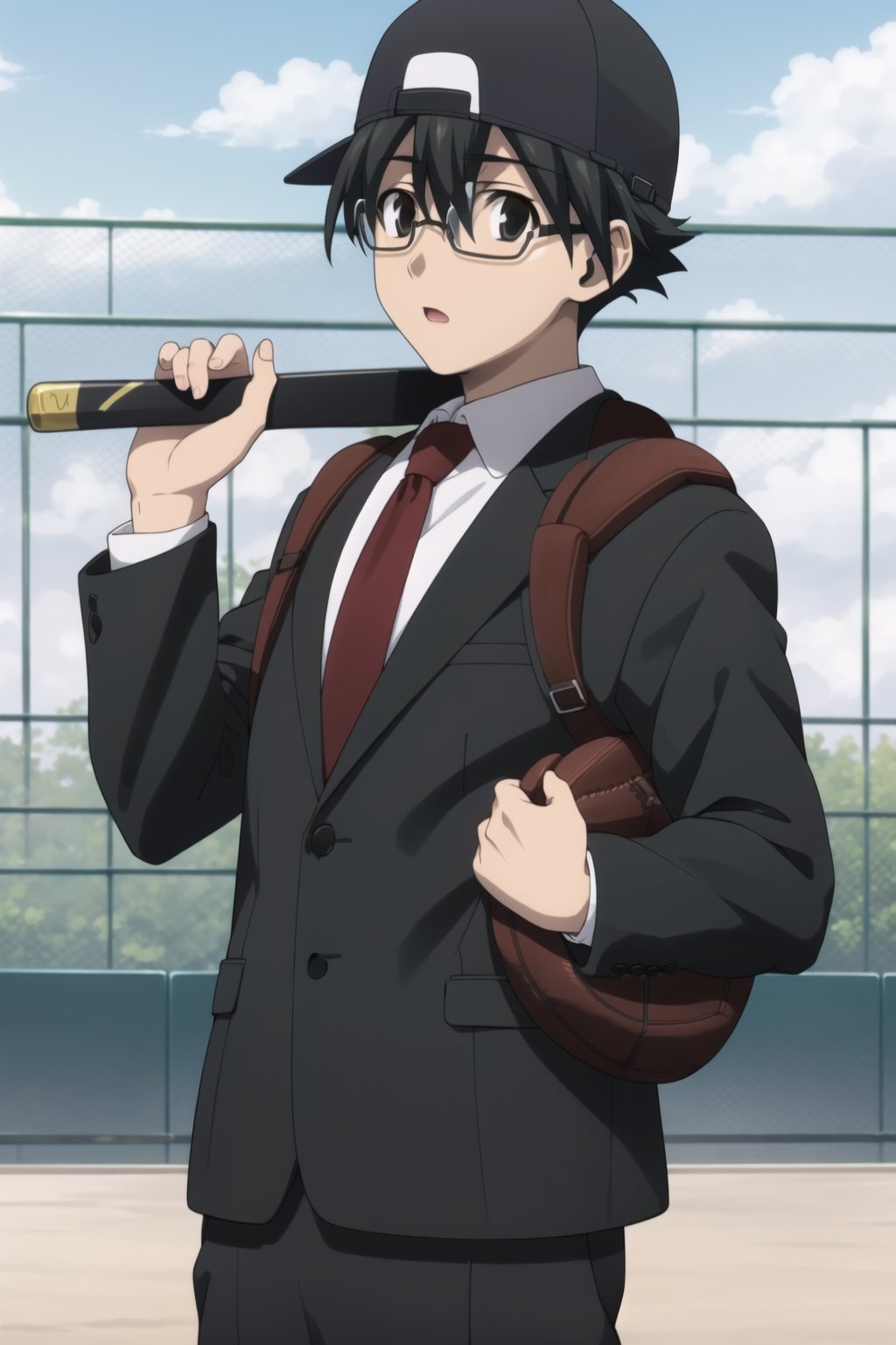 Highly detailed, High Quality, Masterpiece, beautiful,
BREAK 1boy, solo, (young man), (16 old), Makot, black hair, (black eyes:1.5), short hair,
BREAK school uniform, necktie, formal, suit, brown backpack on the back, (backwards cap), (glasses, baseball cap:1.5),  (samurai sword), black cap,
BREAK looking_at_viewer :o, open_mouth, schooldays, 