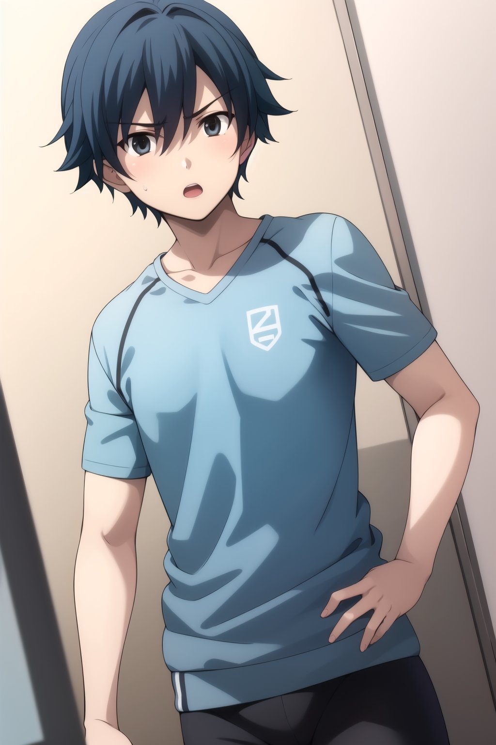 Highly detailed, High Quality, Masterpiece, beautiful,
BREAK 1boy, solo, (young man), (16 old), makoto itou, (blue hair:1.8), (black eyes), (medium hair:1.8), male focus, serious look,
BREAK (sportswear:1.5),
BREAK looking_at_viewer :o, open_mouth, schooldays,