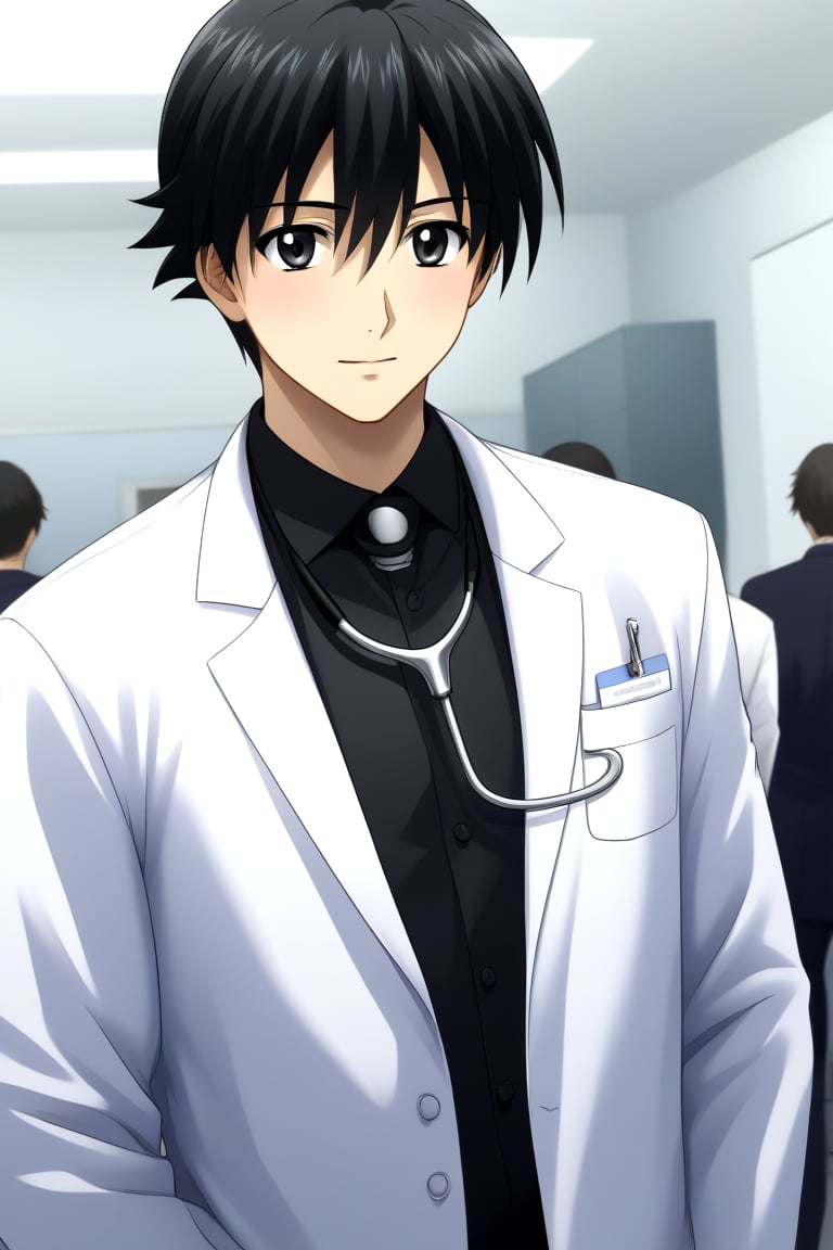 HD, 8k, highres, mantialiasing, Highly detailed, High Quality, masterpiece, beautiful, source_anime, 
BREAK 1boy, male focus, mature man, 30 years old, itou makoto, black hair, black eyes, short hair, 
BREAK Black shirt, doctor uniform, white coat, stethoscope
BREAK inside a hospital,
BREAK front view, standing, focus waist, solo focus,