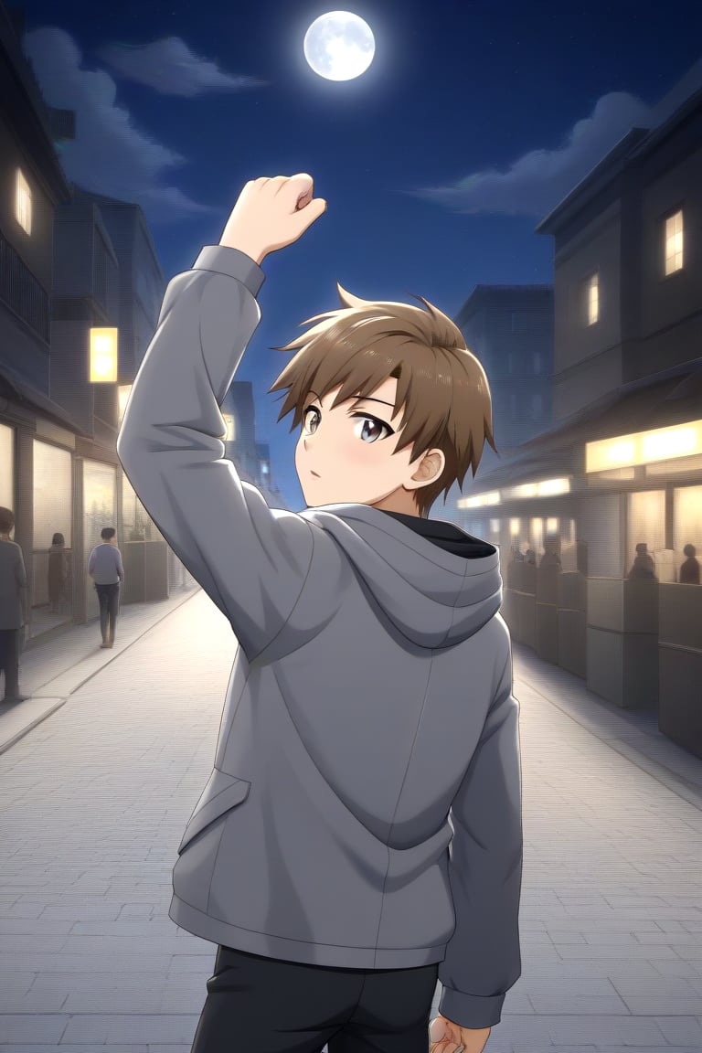 HD, 8k, highres, mantialiasing, Highly detailed, High Quality, masterpiece, beautiful, source_anime, 
BREAK 1boy, solo, (young man, male focus, 16 years old), Yae Karonji, male chest, grey eyes, Brown hair, short hair, shirt, BREAK street, outdoors, night, moon, BREAK long sleeves, jacket, pants, hood, grey jacket, black pants, BREAK standing, dutch angle, one arm on the waist, cowboy shot, Upper body, back view, head up, From behind, looking back,