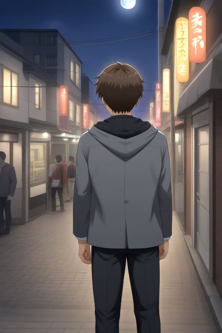 HD, 8k, highres, mantialiasing, Highly detailed, High Quality, masterpiece, beautiful, source_anime, 
BREAK 1boy, solo, (young man, male focus, 16 years old), Uzuki Li, male chest, ((faceless)), Brown hair, short hair, shirt, 
BREAK street, outdoors, night, moon,
BREAK long sleeves, jacket, full body, pants, hood, grey jacket, black pants, 
BREAK standing, dutch angle, one arm on the waist, cowboy shot, Upper body, back view, head up, From behind,