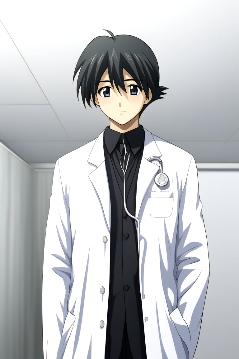 HD, 8k, highres, mantialiasing, Highly detailed, High Quality, masterpiece, beautiful, source_anime, 
BREAK 1boy, male focus, mature man, 30 years old, itou makoto, black hair, black eyes, short hair, 
BREAK Black shirt, doctor uniform, white coat, stethoscope
BREAK inside a hospital,
BREAK front view, standing, focus below, solo focus, looking_at_viewer