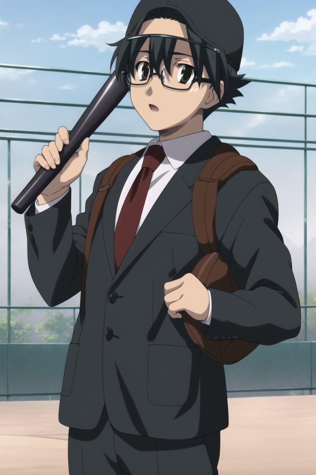 Highly detailed, High Quality, Masterpiece, beautiful,
BREAK 1boy, solo, (young man), (16 old), Makot, black hair, (black eyes:1.5), short hair,
BREAK school uniform, necktie, formal, suit, brown backpack on the back, (backwards cap), (glasses, baseball cap:1.5),  (samurai sword), black cap,
BREAK looking_at_viewer :o, open_mouth, schooldays, ,backwards cap