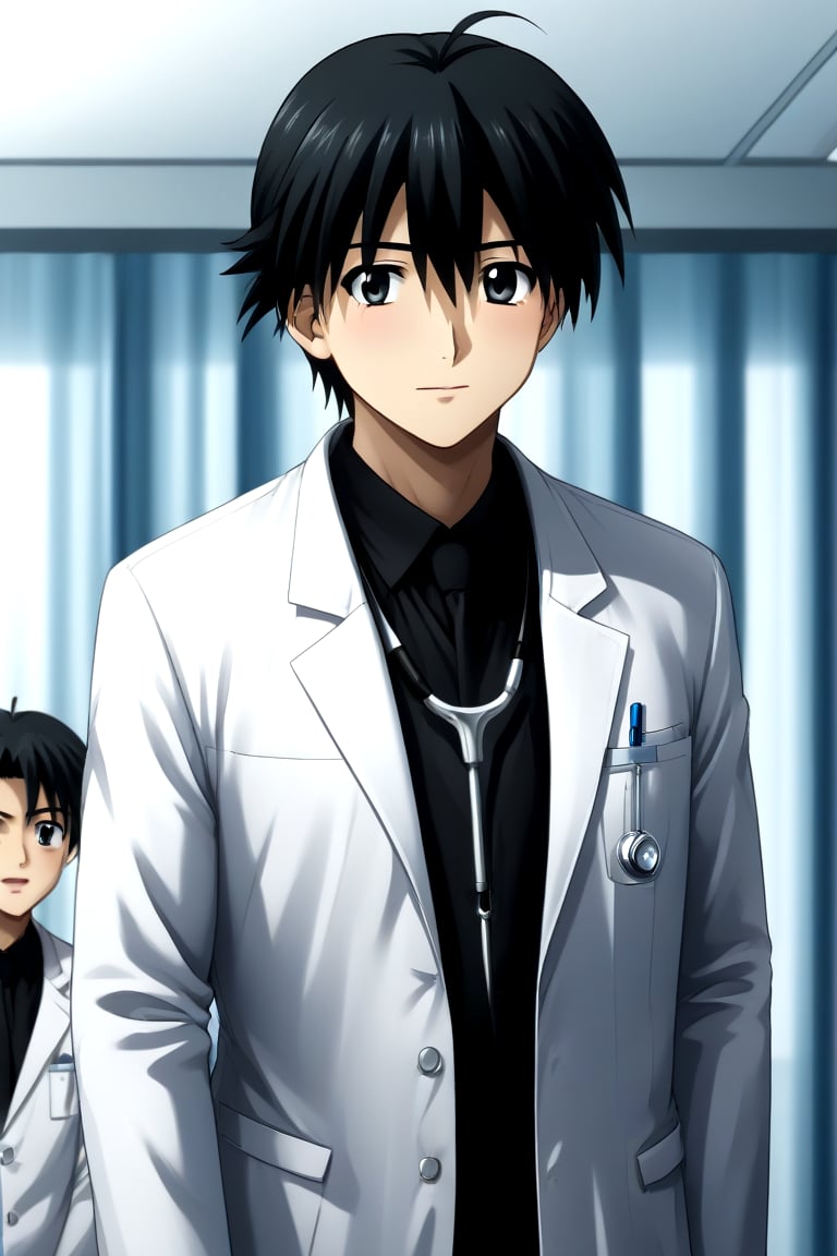 HD, 8k, highres, mantialiasing, Highly detailed, High Quality, masterpiece, beautiful, source_anime, 
BREAK 1boy, male focus, mature man, 30 years old, itou makoto, black hair, black eyes, short hair, 
BREAK Black shirt, doctor uniform, white coat, stethoscope
BREAK inside a hospital,
BREAK front view, standing, focus waist, solo focus,